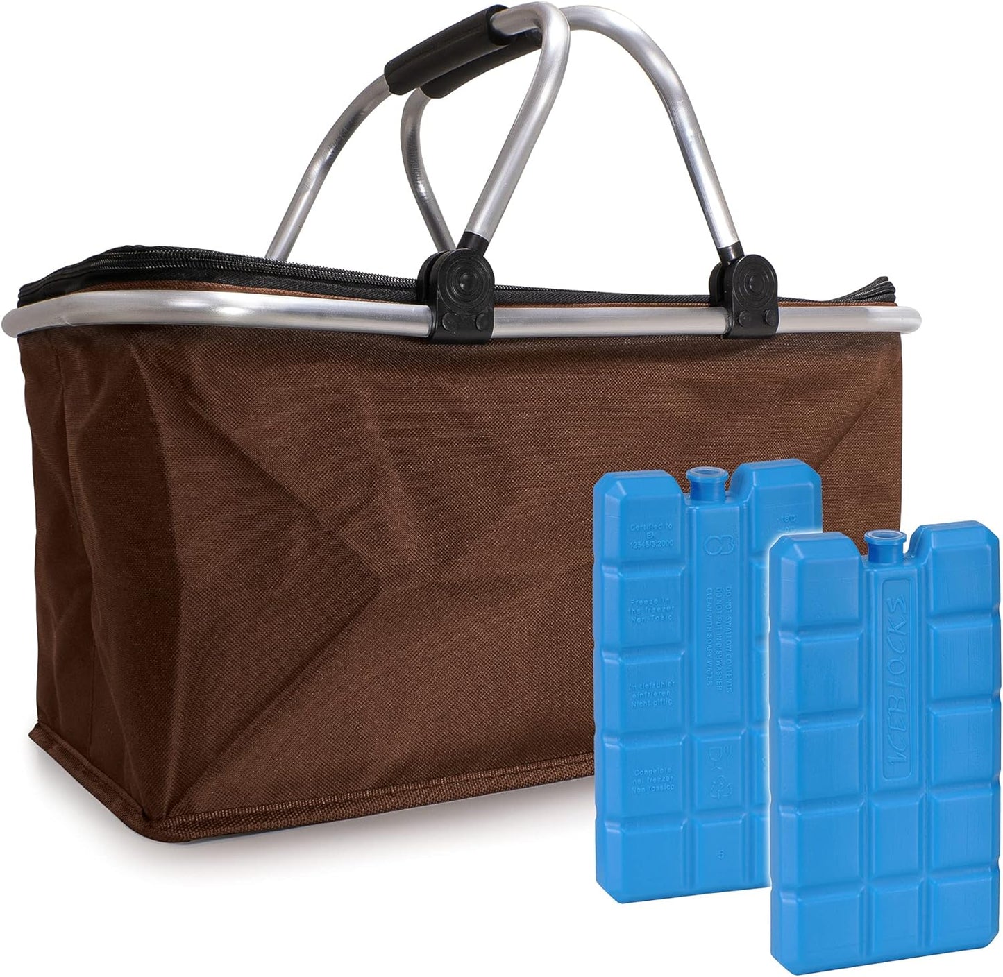 Faltbarer Thermo-Einkaufskorb, Thermo + 2x Kühlakkus Braun
