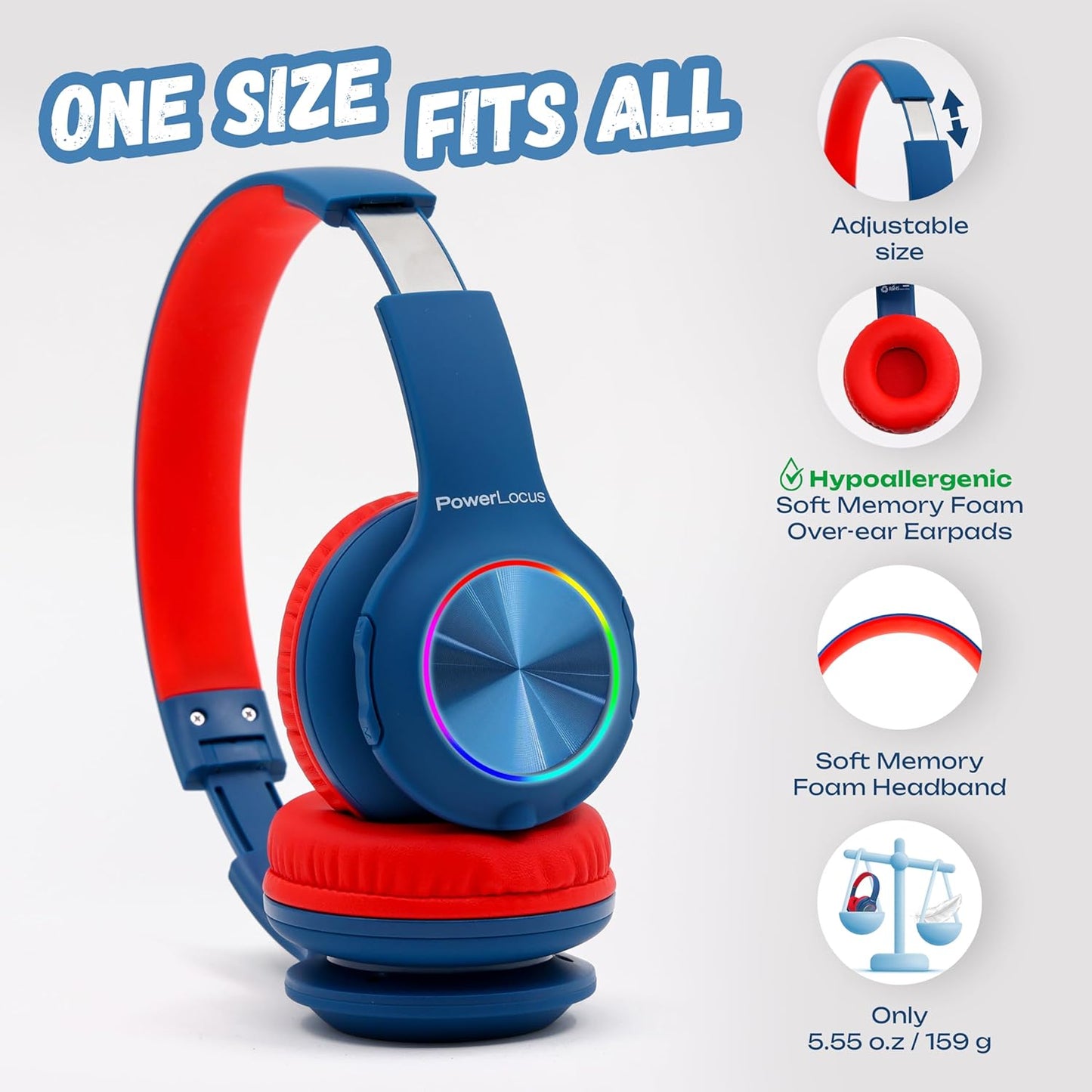 Kinderkopfhörer Bluetooth mit LED, Blau/Rot