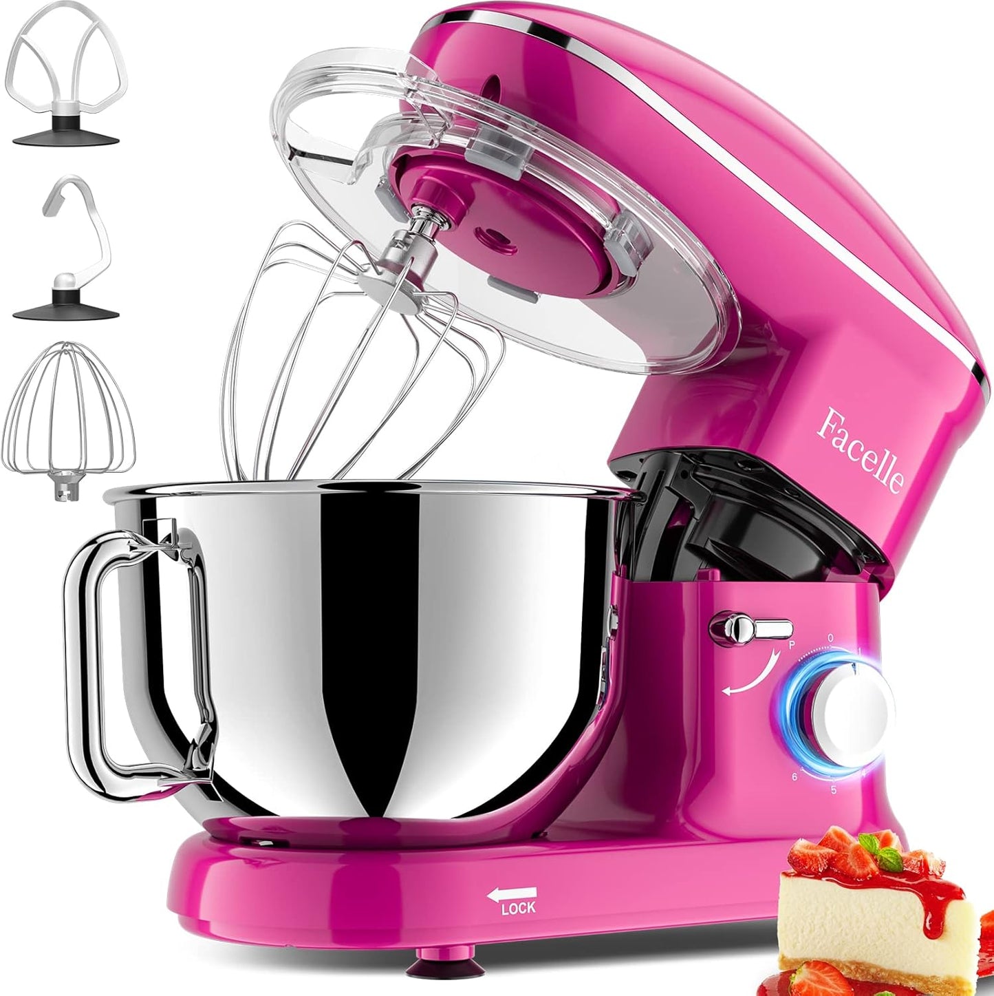 ‎SM-1519U Teigknetmaschine inkl. Rührbesen, Knethaken, Schläger und Spritzschutz, Lila