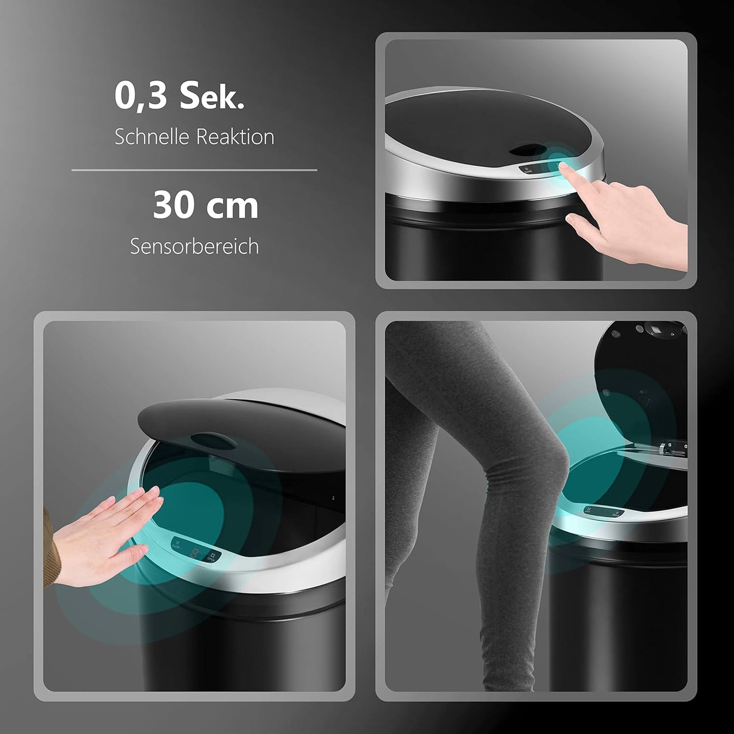 Mülleimer mit Sensor und LED-Funktionsanzeige, 30 Liter Schwarz