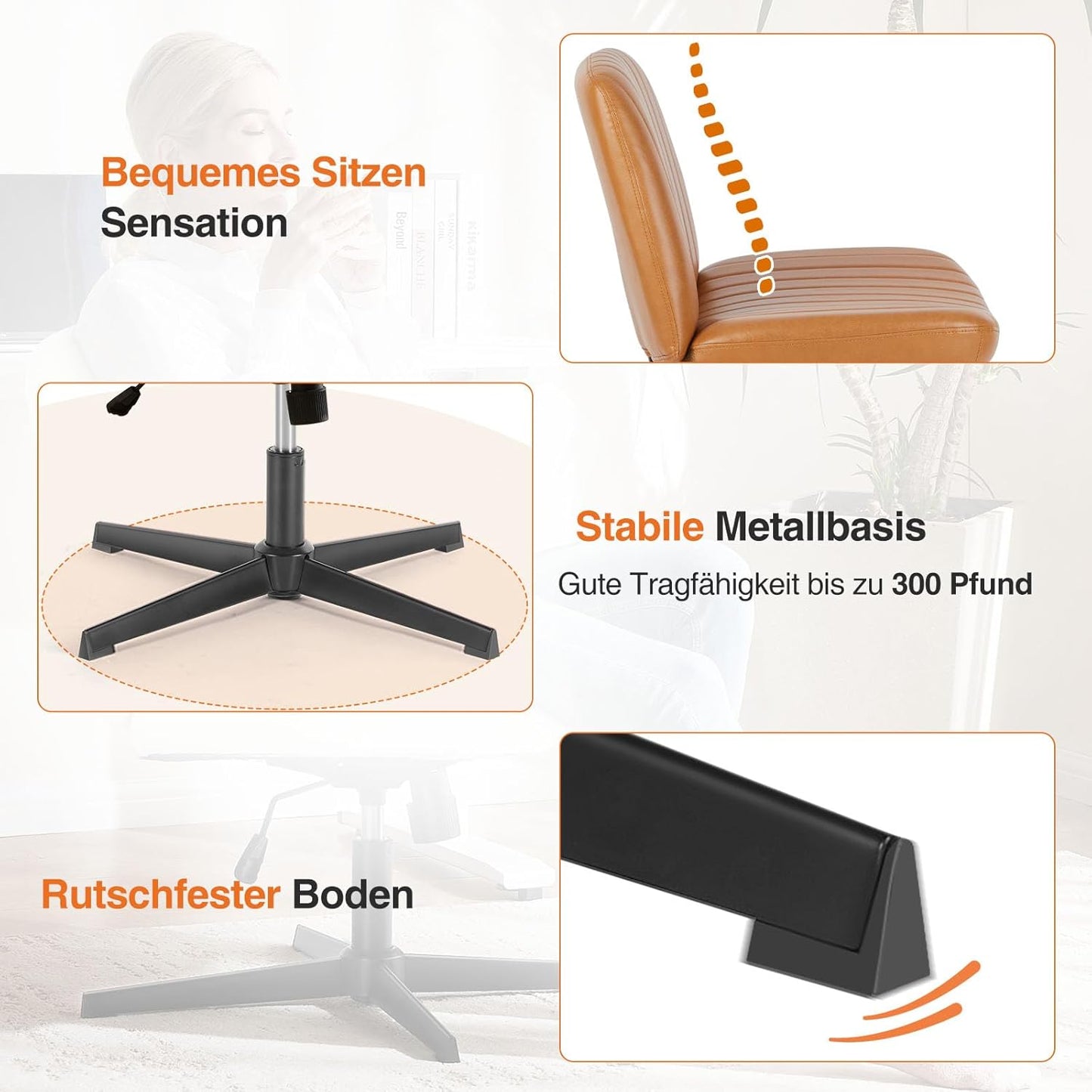 Höhenverstellbarer Bürostuhl ohne Armlehnen, Braun PU-Leder