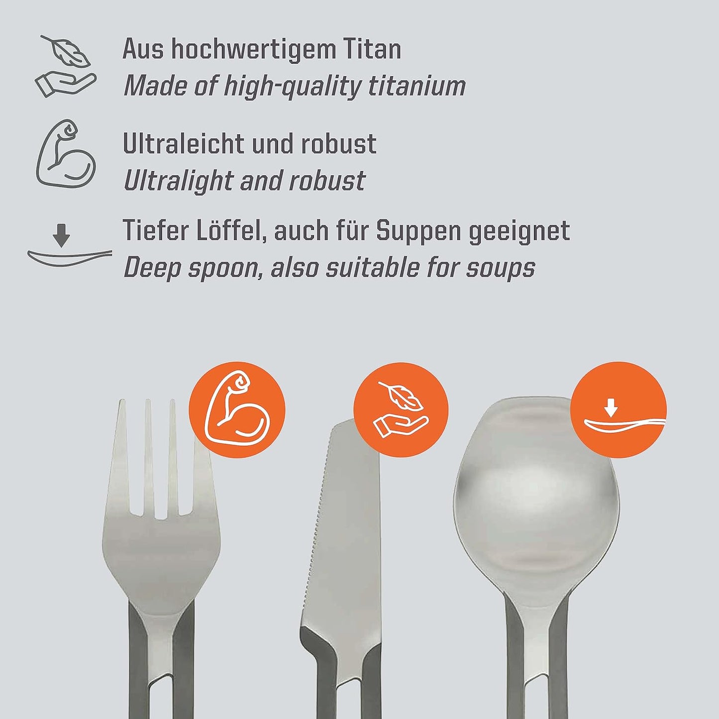 3-teiliges Titanbesteck-Set TC4-TI, Silber