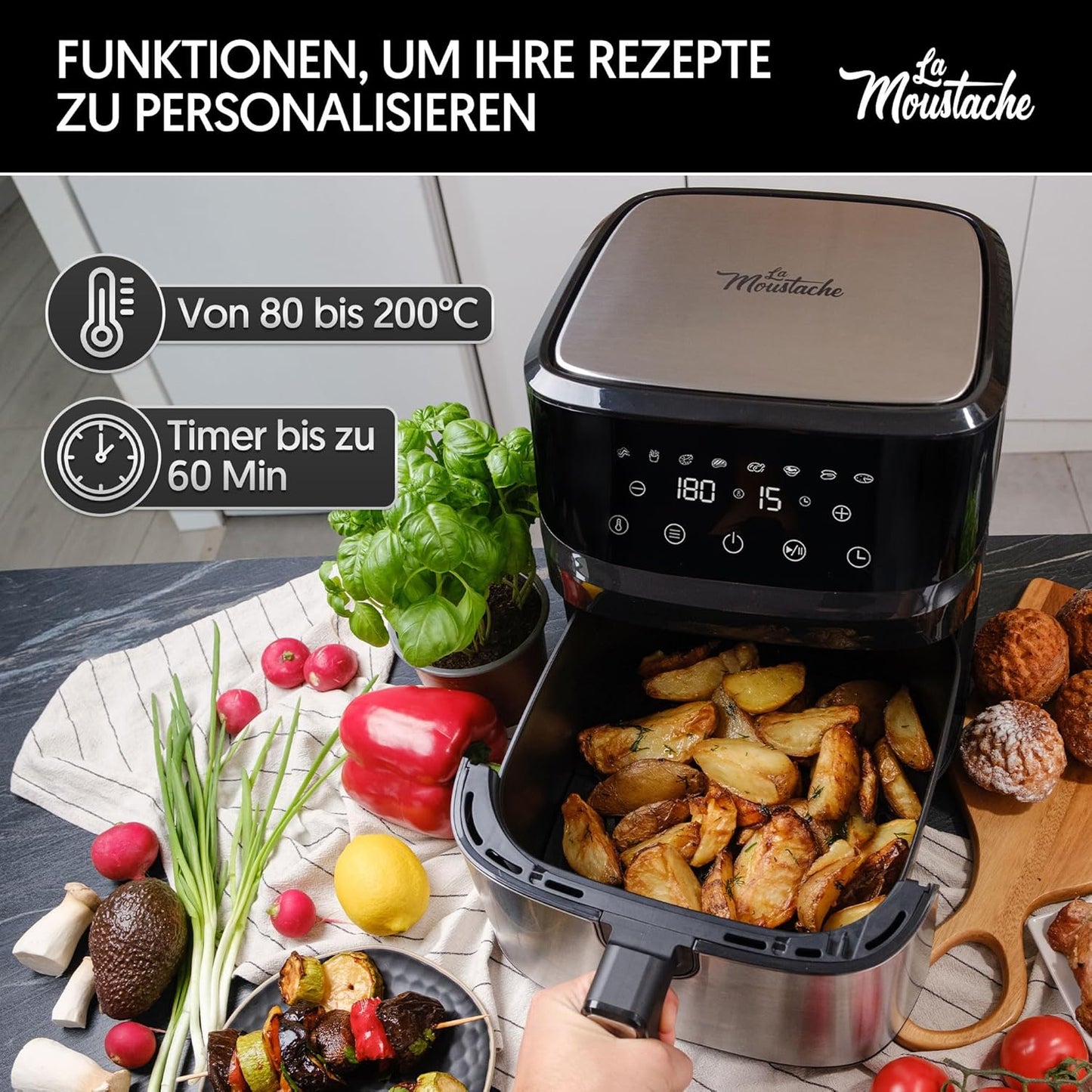 Heissluftfritteuse XL mit 6 Kochfunktionen (6,5L), 6,5L Grau - Essential Plus