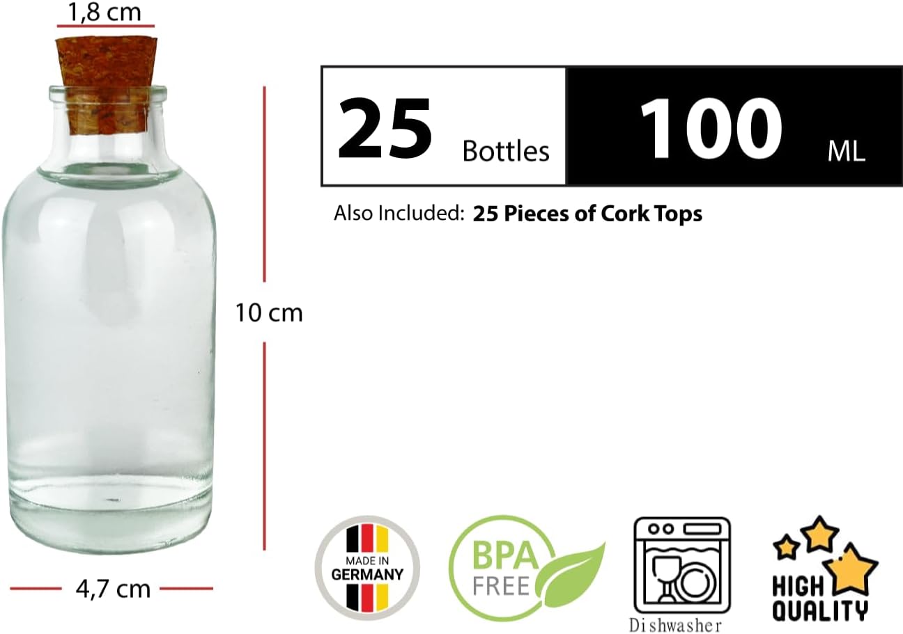 25 x Mini Glasflaschen mit Korken, 100 ml / 25 St