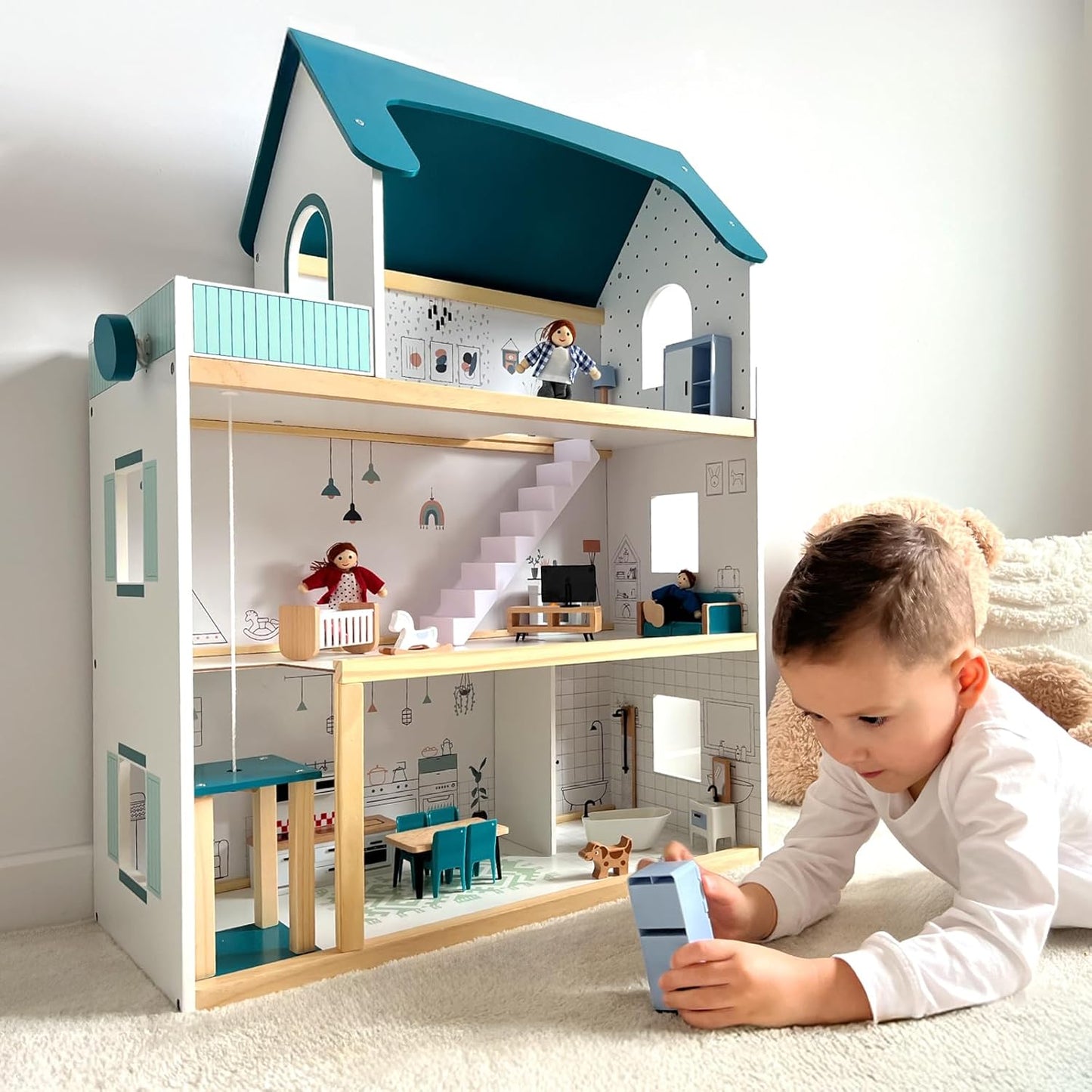 Grosses Puppenhaus mit Aufzug und Zubehör, Puppenhaus Holz+ Möbel