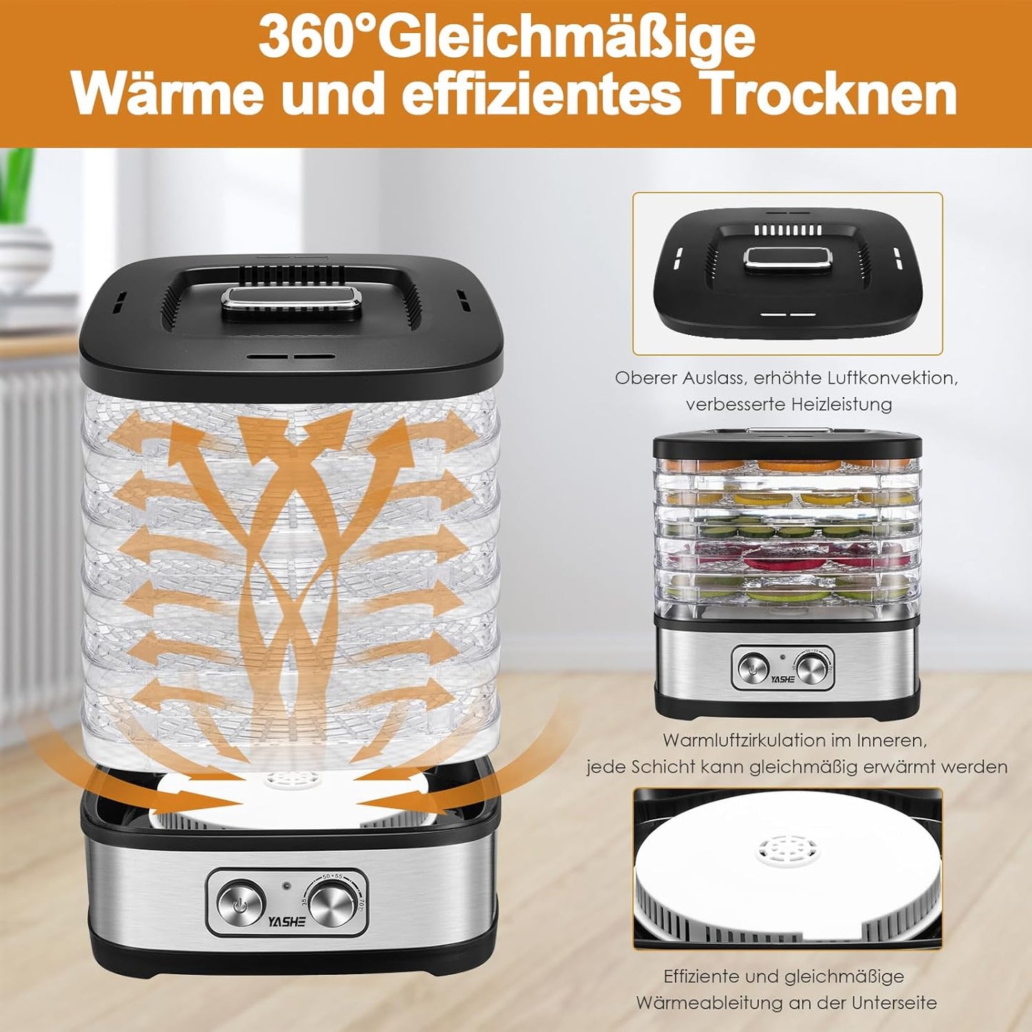 GGJ-261A Dörrautomat mit 5 höhenverstellbaren Tabletts, Knopfsteuerung 5 BPA-frei Tabletts