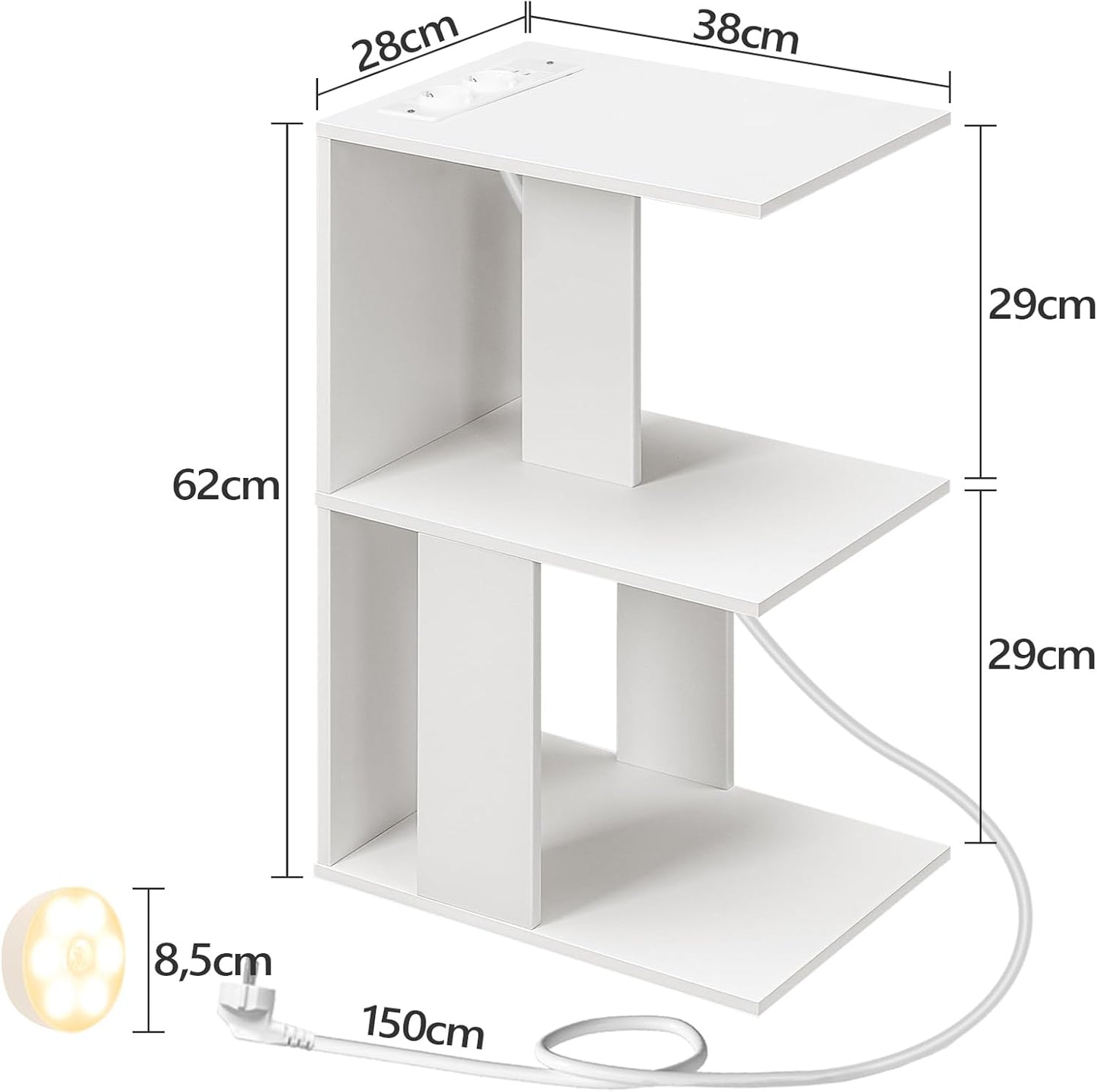 C-förmiger Beistelltisch mit Ladestation und LED, Weiss