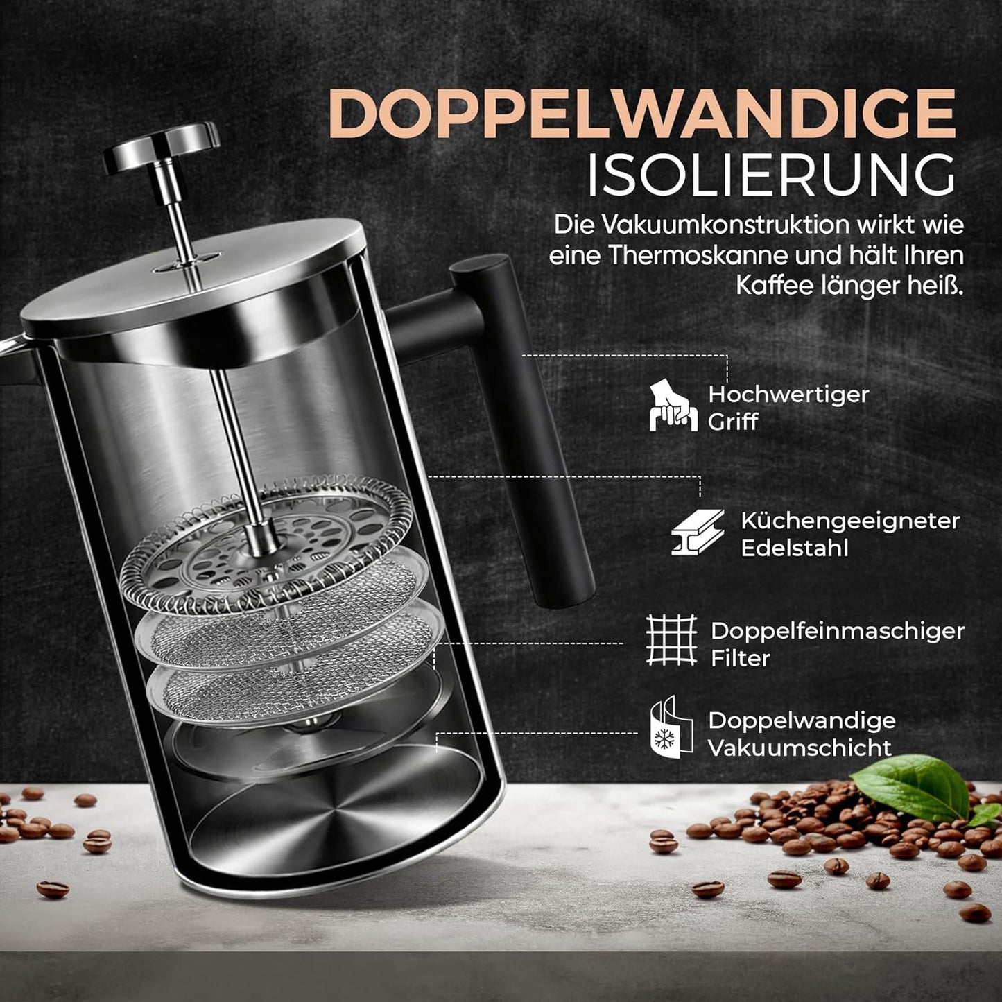 French Press Kaffeekanne, 350 ml Schwarz