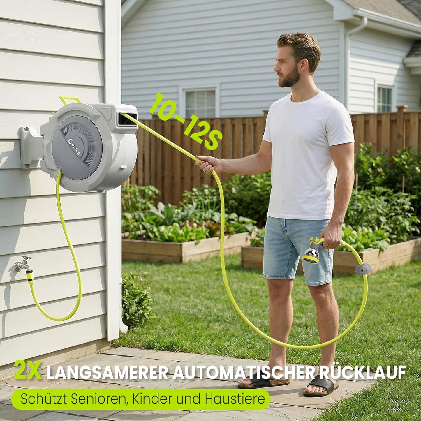 Automatische Schlauchtrommel 30m, schwenkbar mit Gartenbrause, Grün & Grau 30M
