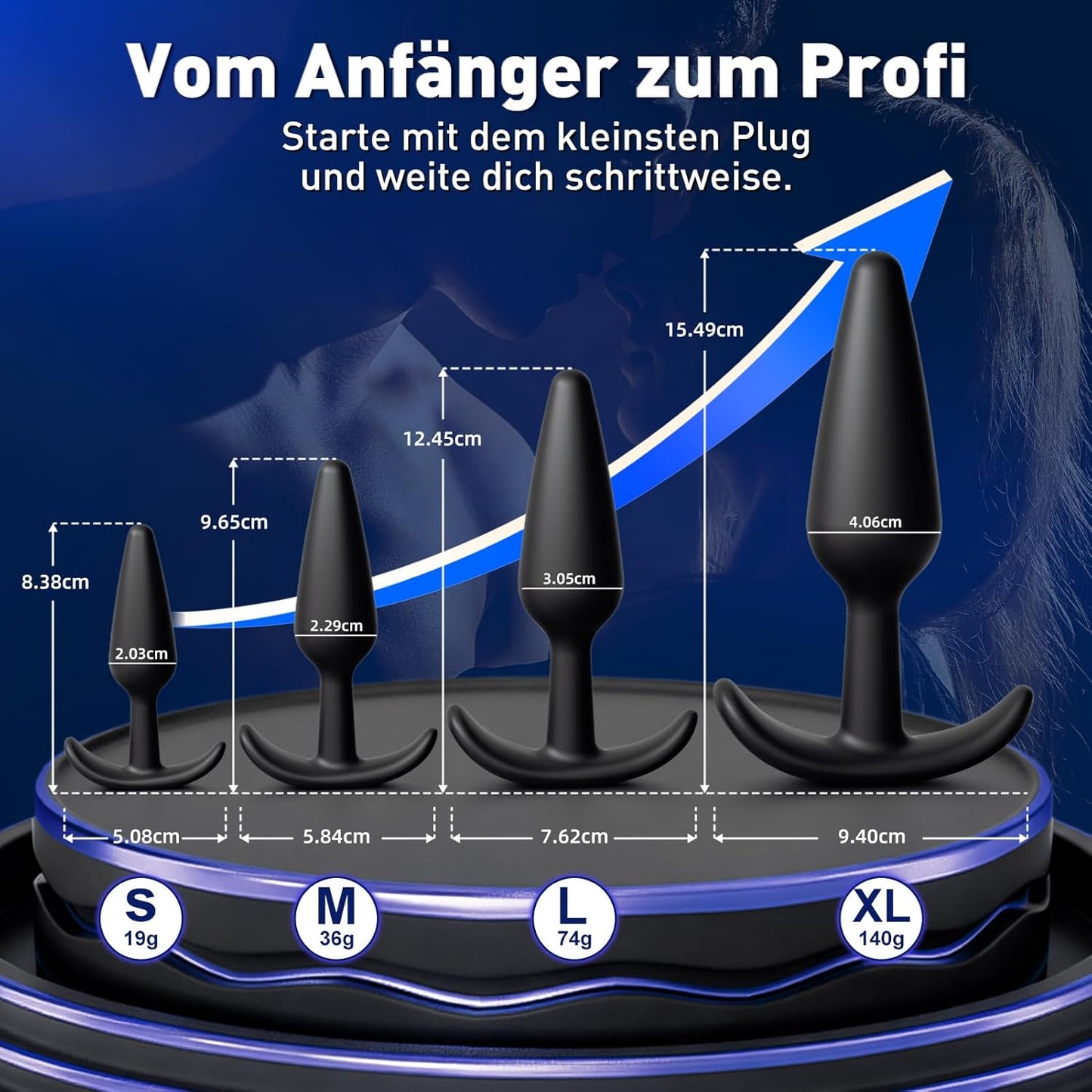 5-teiliges Analplug-Set mit Analdusche, in 4 Grössen, Pechschwarz