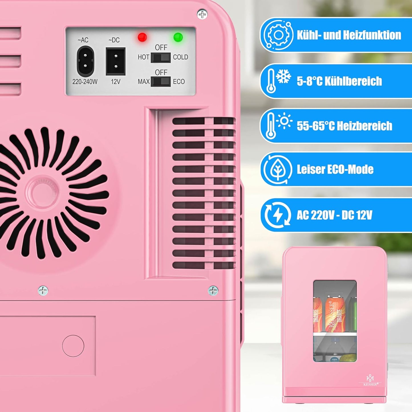 2in1 Mini Kühlschrank mit Kühl- und Heizfunktion, 15L Rosa