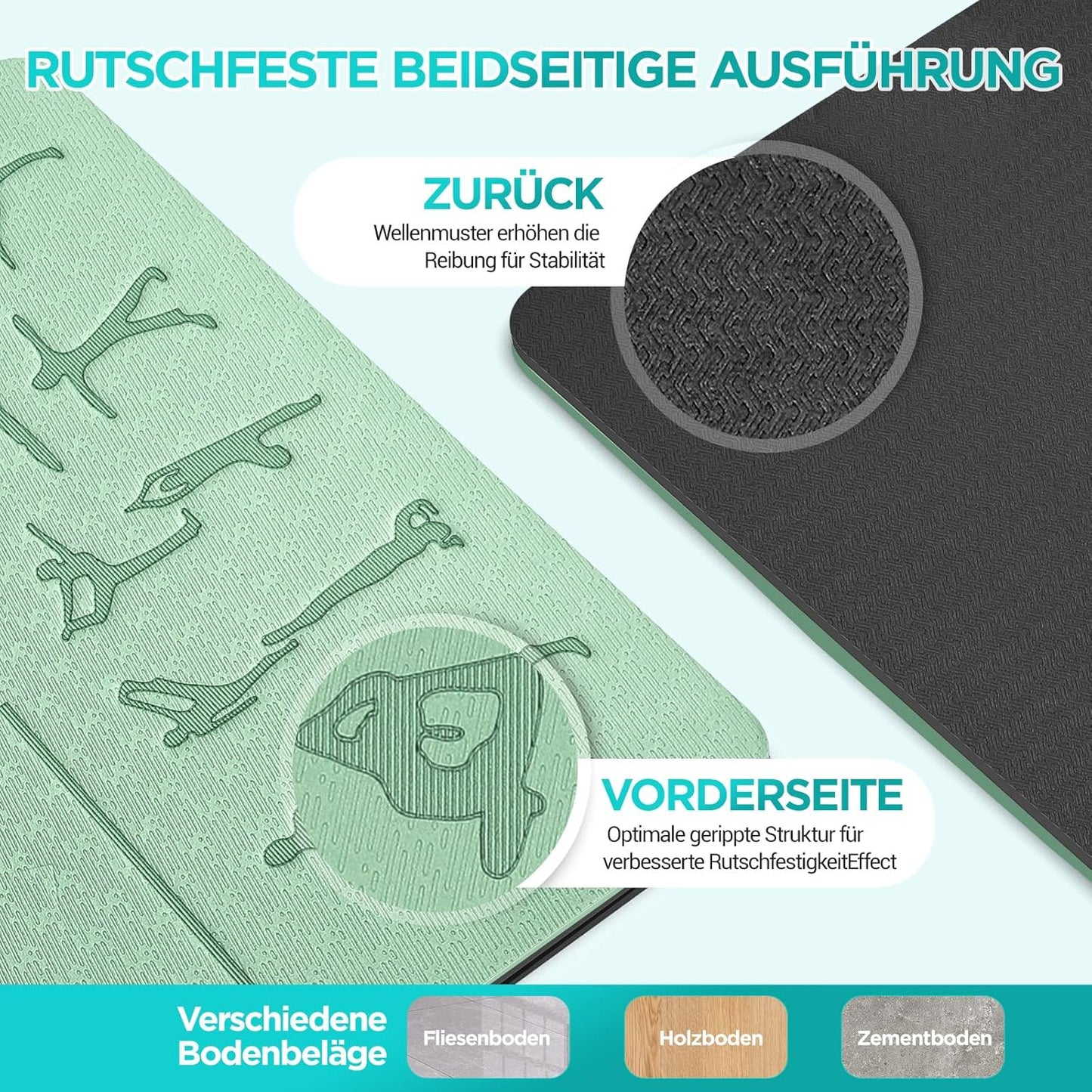 TPE Yoga- und Fitnessmatte mit Ausrichtungslinien, tiefgrün und schwarz 183x61x0.6cm