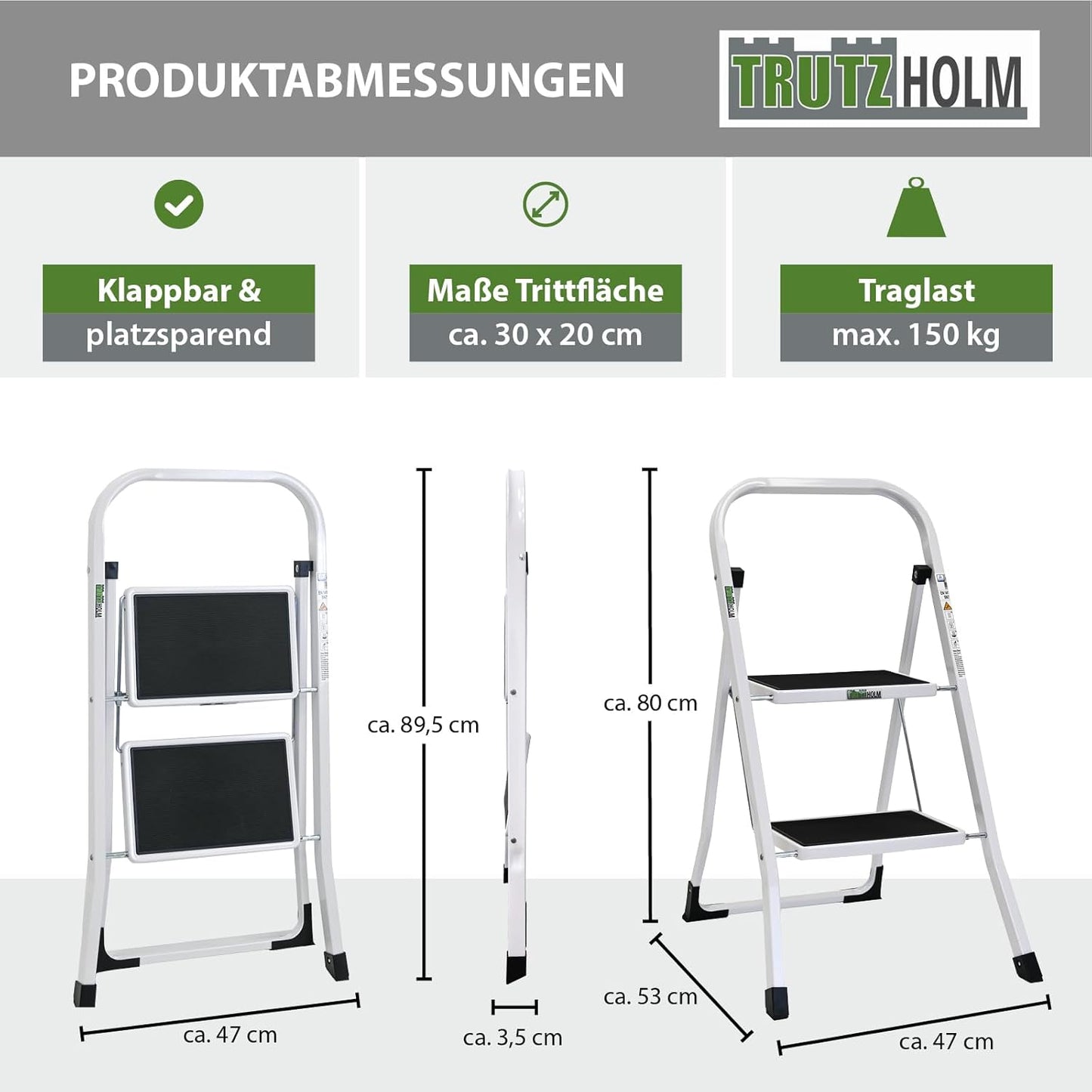 Klappbare Trittleiter, 2 Stufen, Weiss