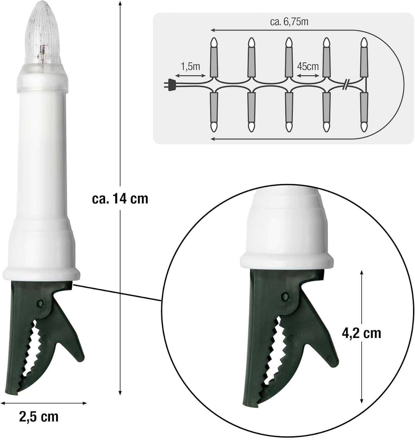 Kerzen-Lichterkette für Weihnachtsbäume, 15 Lichter / 14m beleuchtet