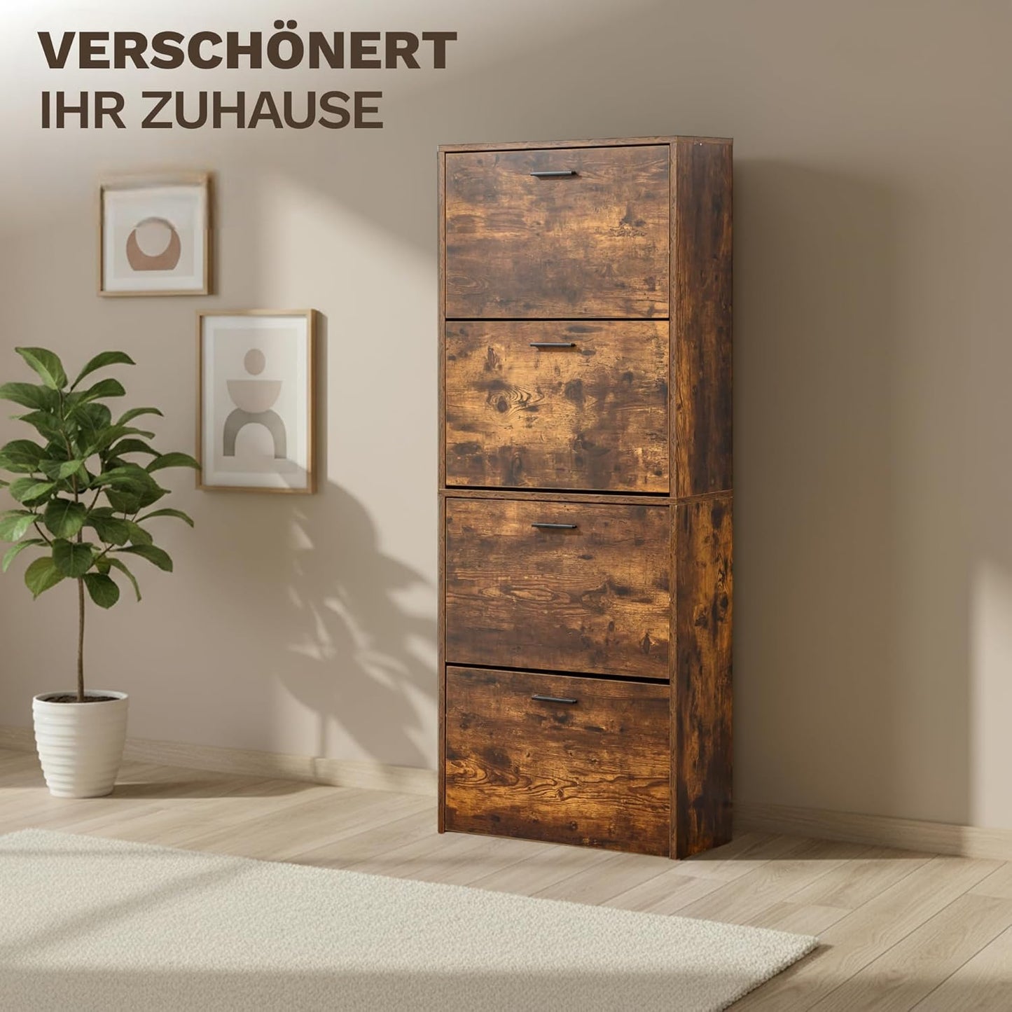 Schmaler Schuhschrank mit 4 Fächern, 4 Fächer Rustikal