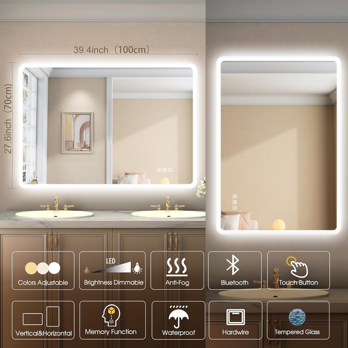 Badezimmerspiegel mit LED-Beleuchtung und Bluetooth, 60 x 80 cm M3017 Madrid Silber (Bluetooth)