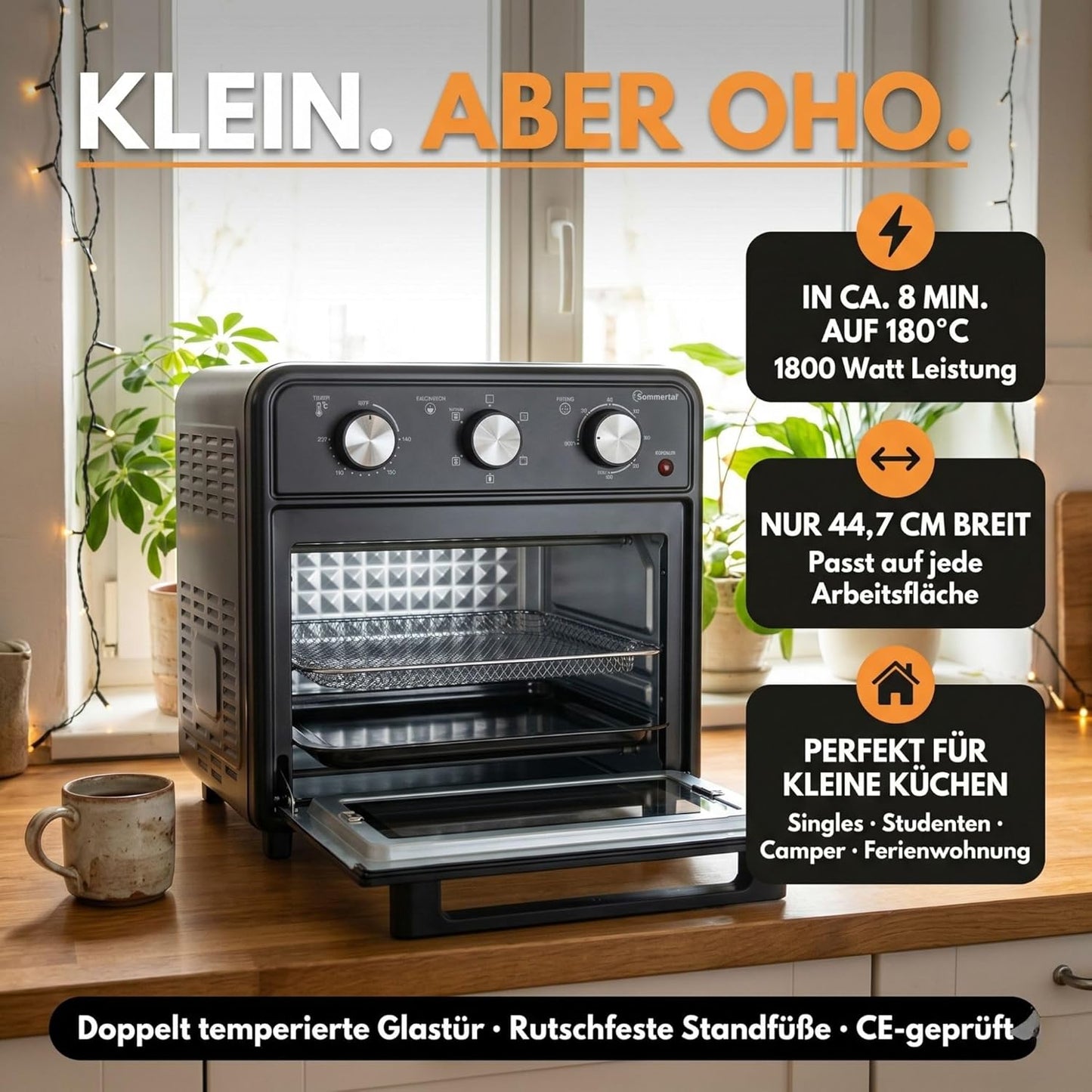 Minibackofen mit Umluft & Airfryer-Funktion, 20 Liter