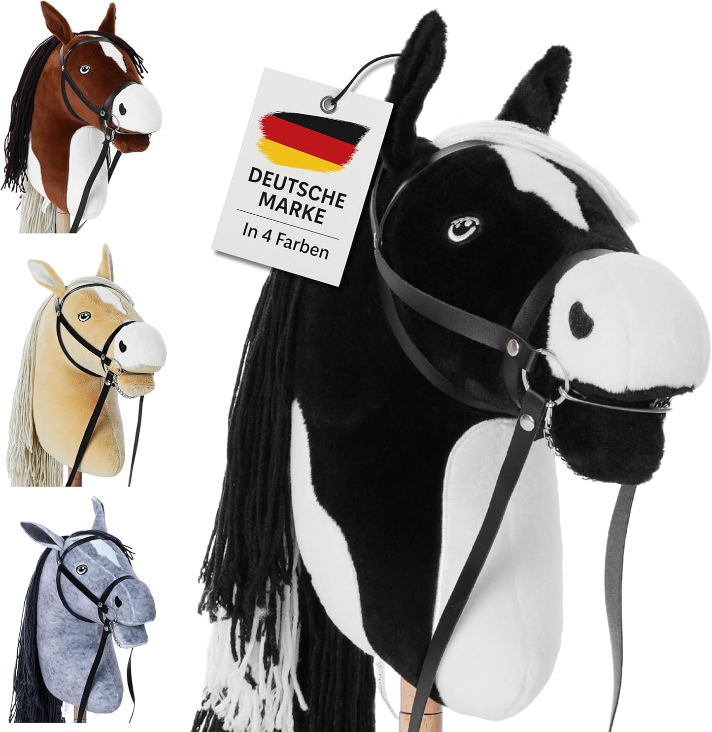 Steckenpferd mit Trense & Schraubstab, Schwarze Schecke