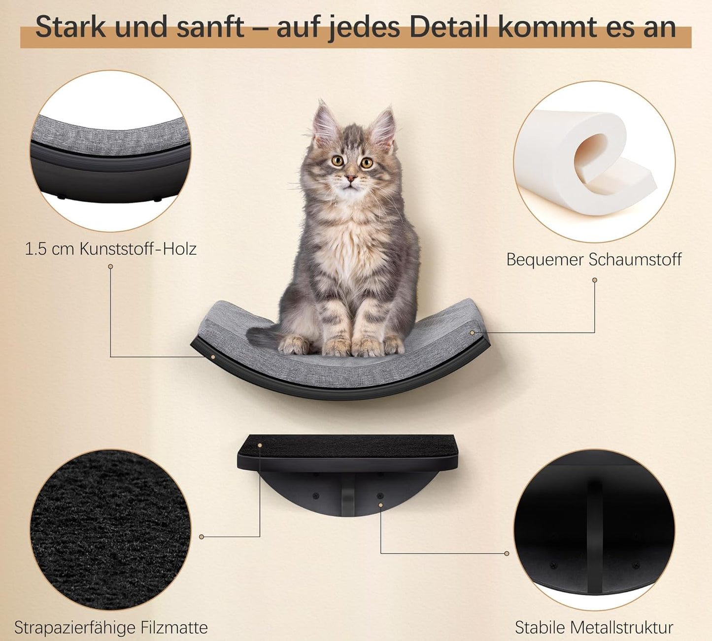 Gebogenes Katzenwandregal mit Kletter- und Schlafplatz, Gray 1PC Katze Wandregal