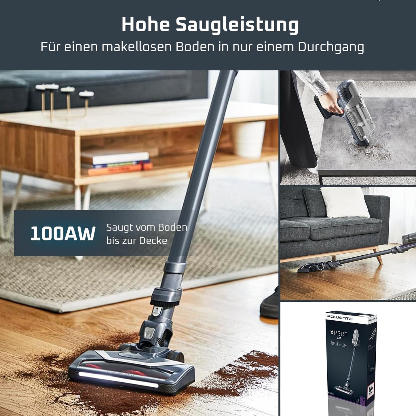 Akkustaubsauger RH6836EO X-Pert 6.60 mit LED-Bürstenkopf, Grau/Silber
