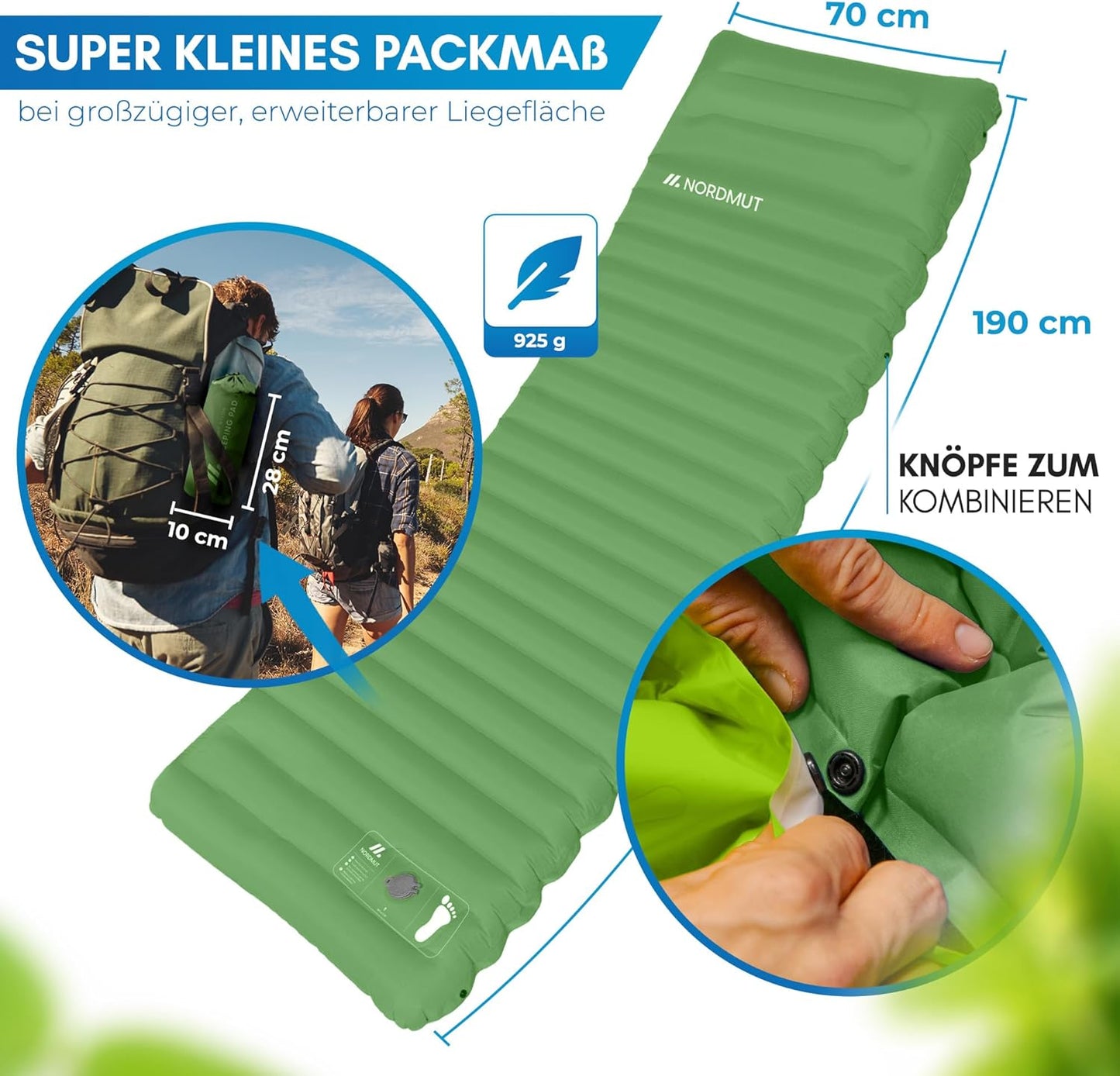 Aufblasbare Isomatte mit Fusspumpe, Grün