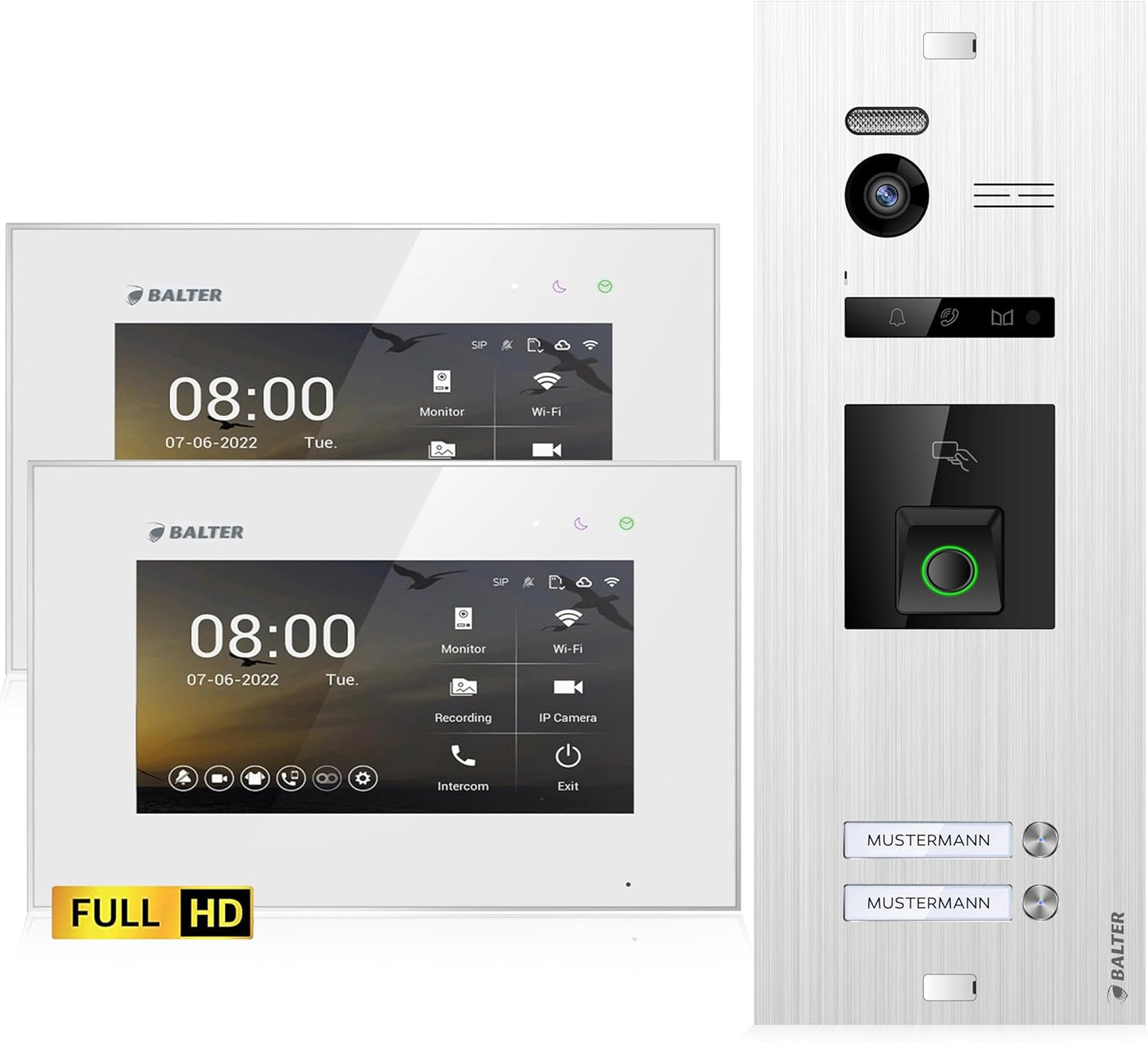 EVO-HD Video-Türsprechanlage mit Fingerprint, 2-Familienhaus, 2 Monitore, Ohne App A. Silber/Weiß
