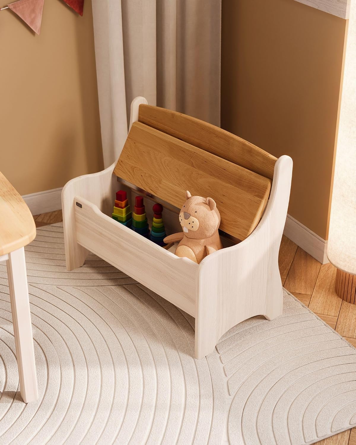 Kindersitzbank Levin mit Geheimfach, Erle Natur, Geölt + Kiefer Naturweiss, Lasiert