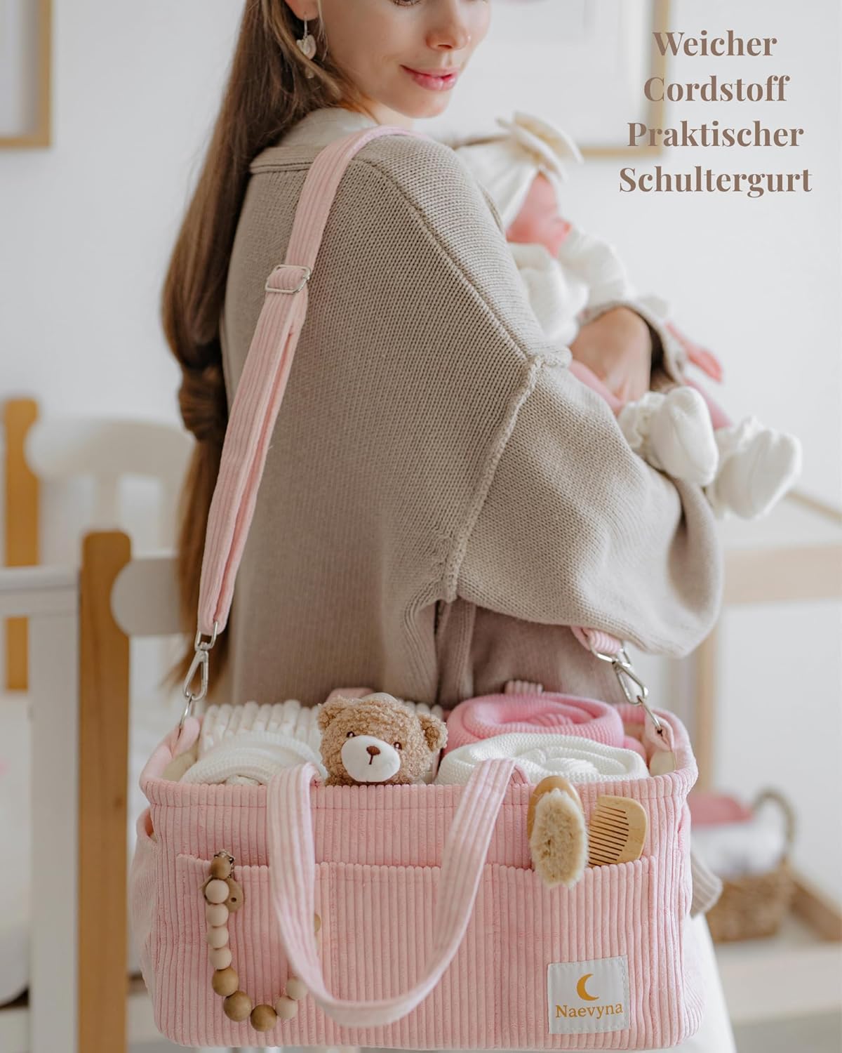 2-in-1 Wickelkorb Organizer mit Schultergurt und Windeltasche, Puderrosa