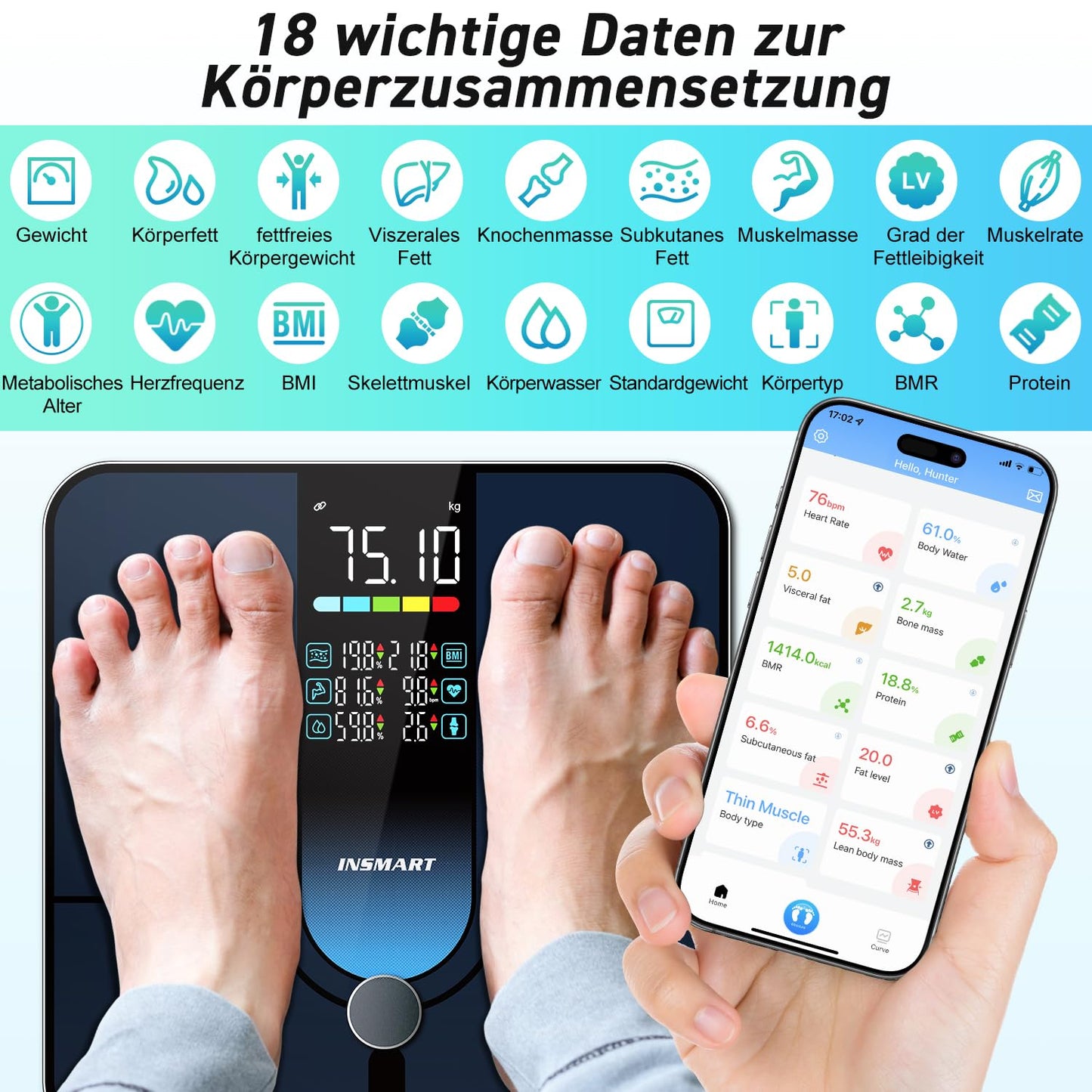 Smart Personenwaage mit App & Bluetooth, Blau-1