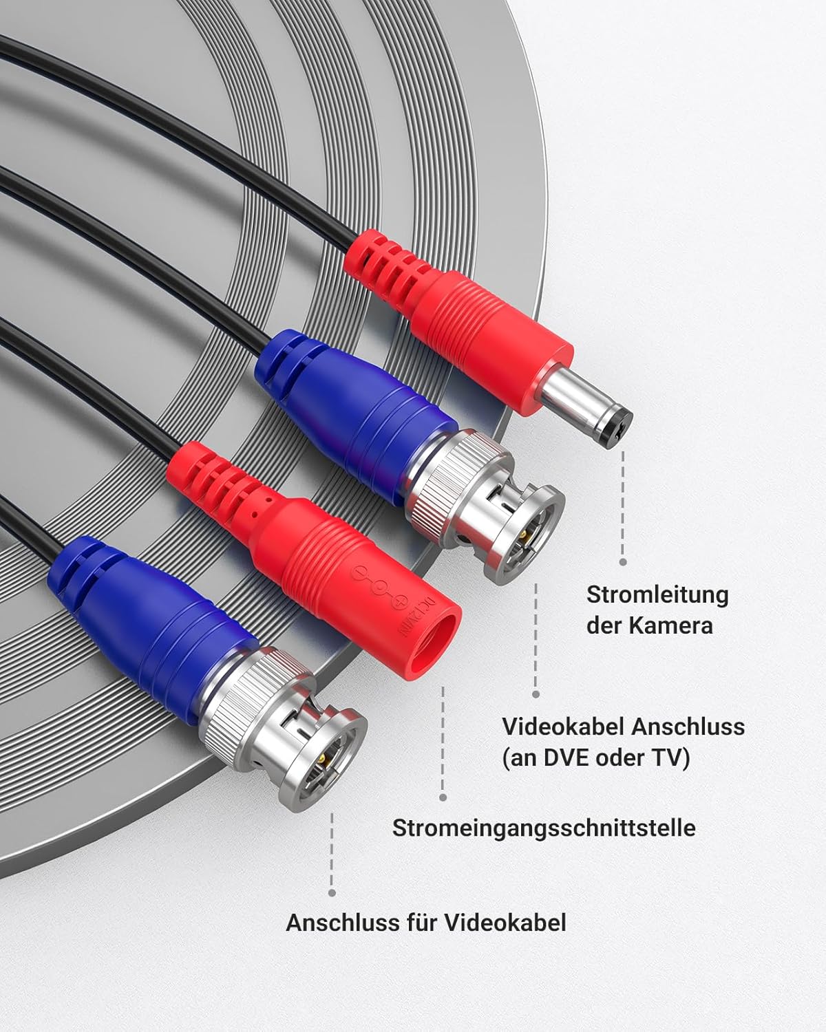 BNC DC Videostrom-Verlängerungskabel-Set, 4 Stück, Schwarz