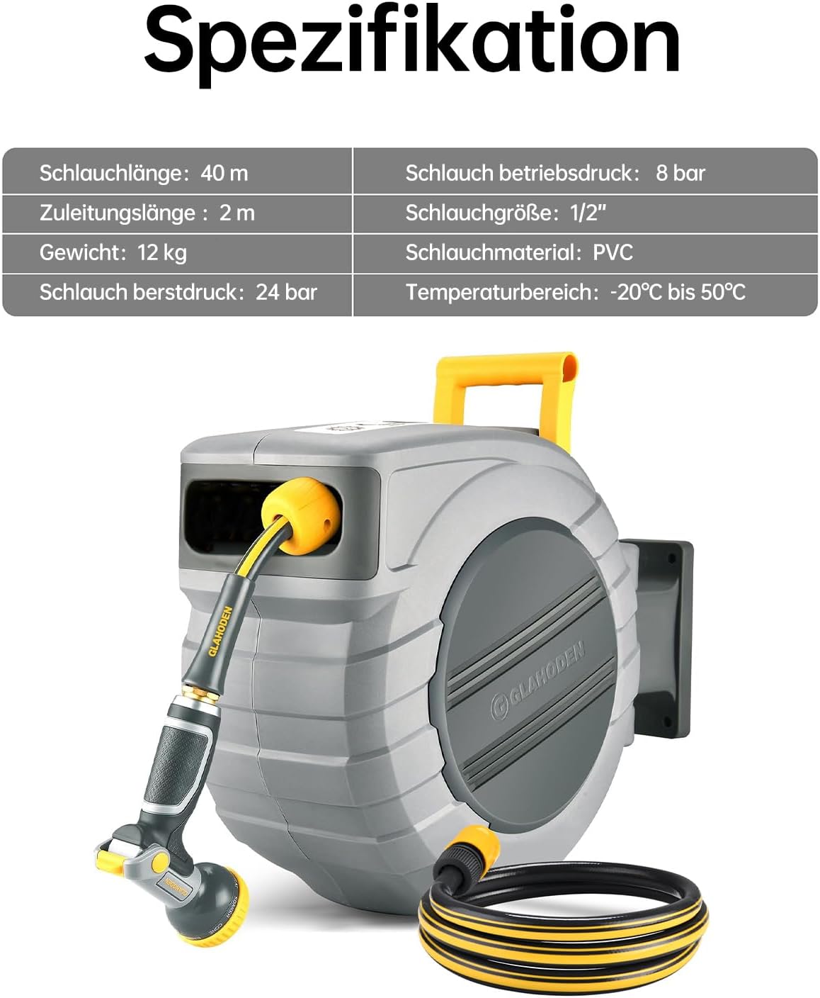 Schlauchtrommel mit Gartenschlauch und Multifunktionsdüse, 40M