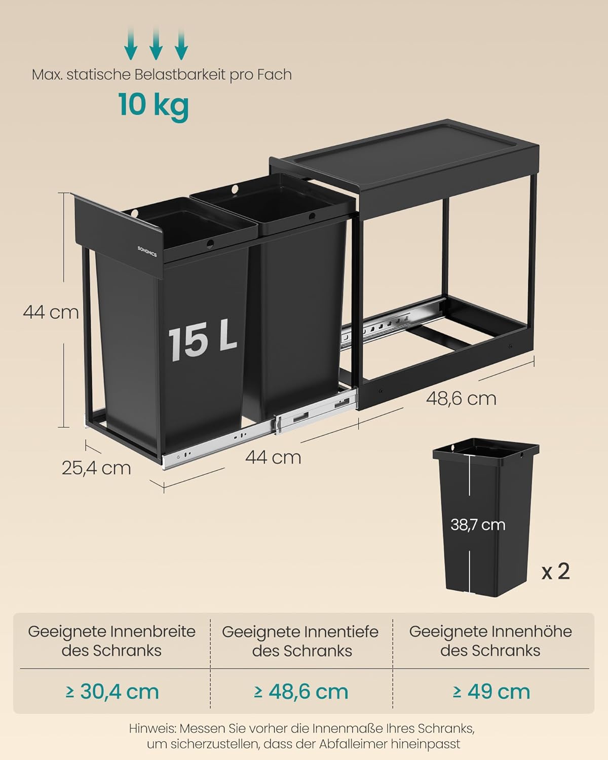Mülltrennsystem für Unterschrank, tintenschwarz 2 x 15 L