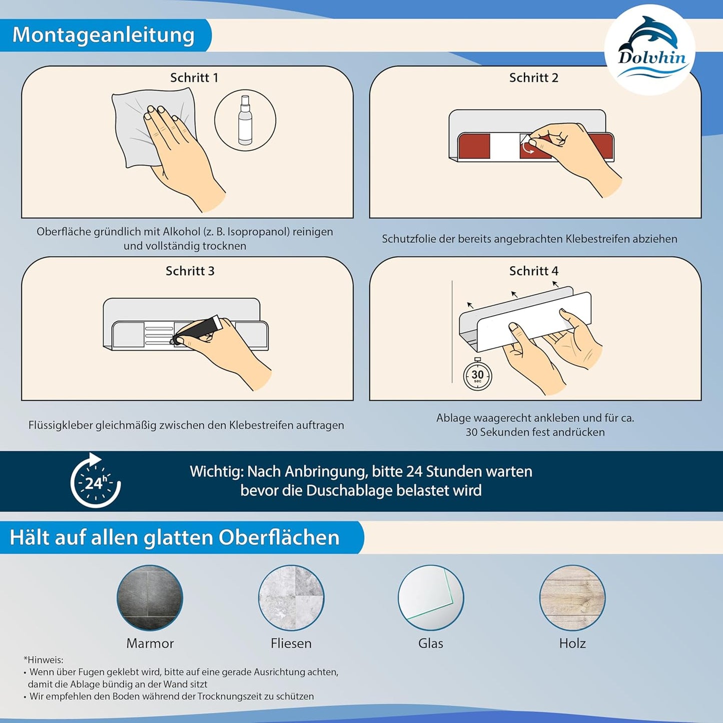 Selbstklebendes Duschregal mit Ablaufrillen, Wand-Duschablage Matt Schwarz