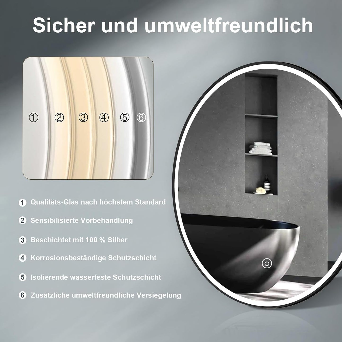 Runder Badspiegel mit LED-Beleuchtung, 60cm, Schwarz 60L x 60B cm