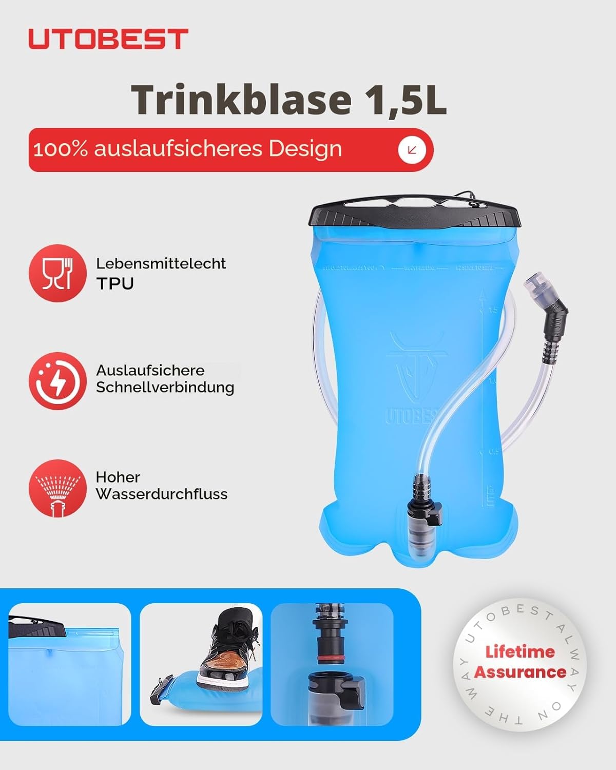 Trinkrucksack mit 1.5L Trinkblase, Schwarz mit 1.5L Trinkblase