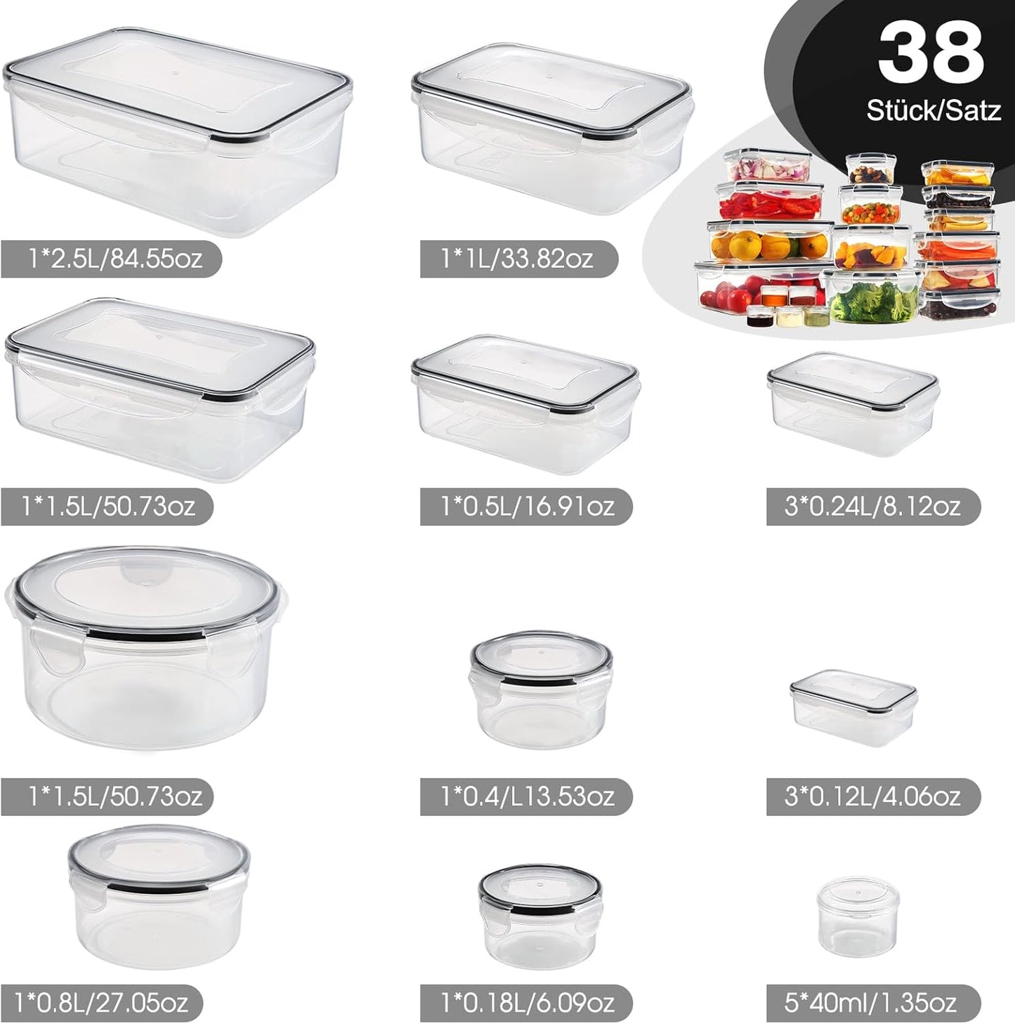 19-teiliges Frischhaltedosen-Set mit Deckeln, SE-38PCS