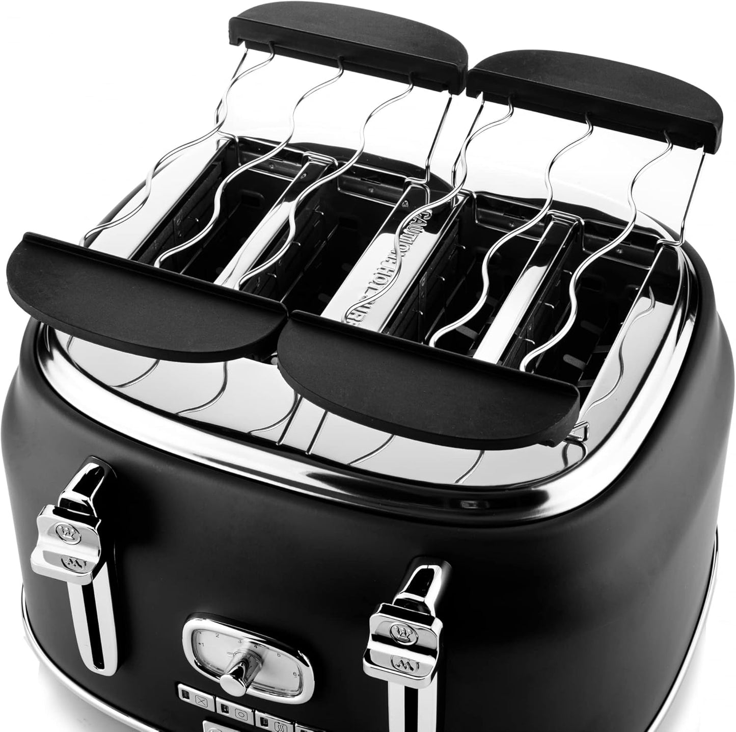 Retro Toaster für 4 Scheiben mit Brötchenaufsatz, Schwarz