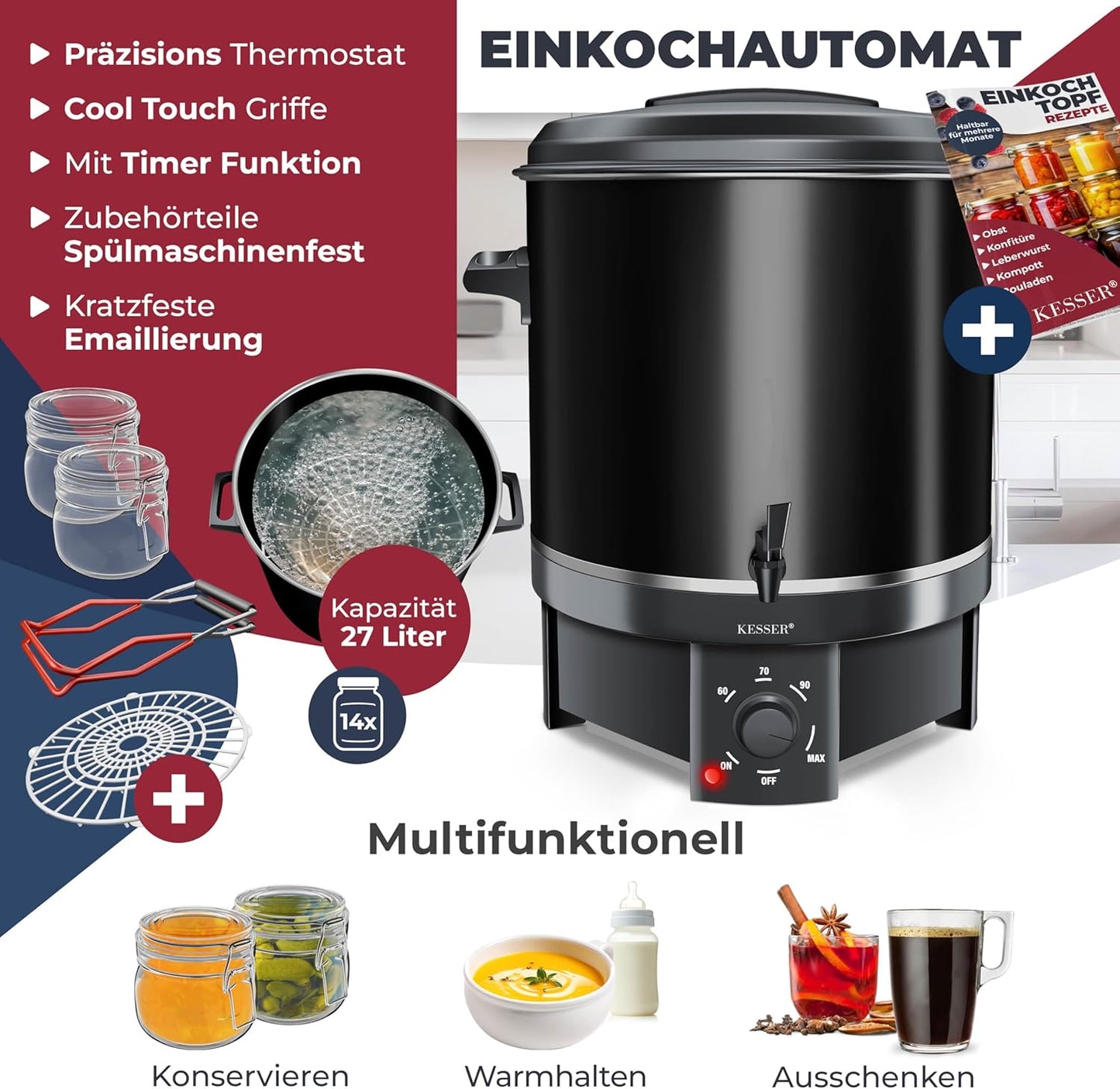Einkochautomat mit Temperaturregelung und Zubehörset, 27 Liter Schwarz