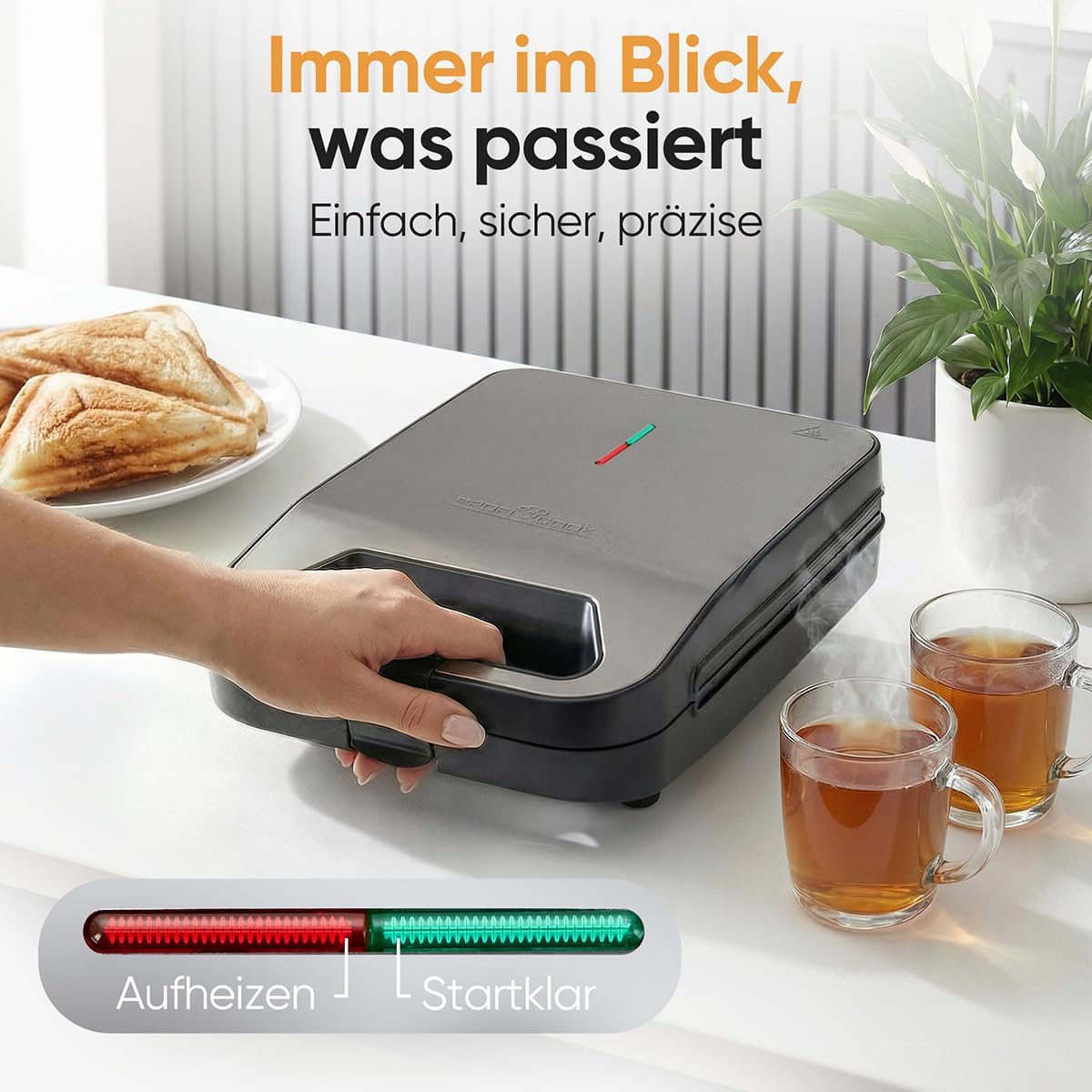 Sandwichmaker für 4 Sandwiches mit Antihaft-Platten, Schwarz