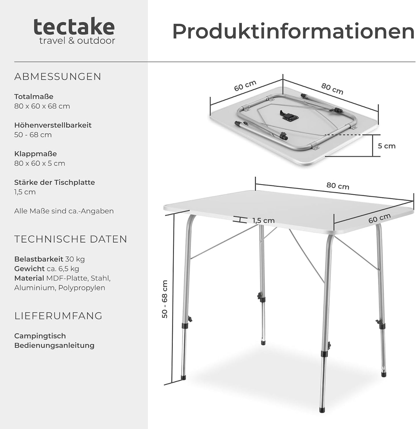 Klappbarer Campingtisch, 80x60x68cm (Model 402173)