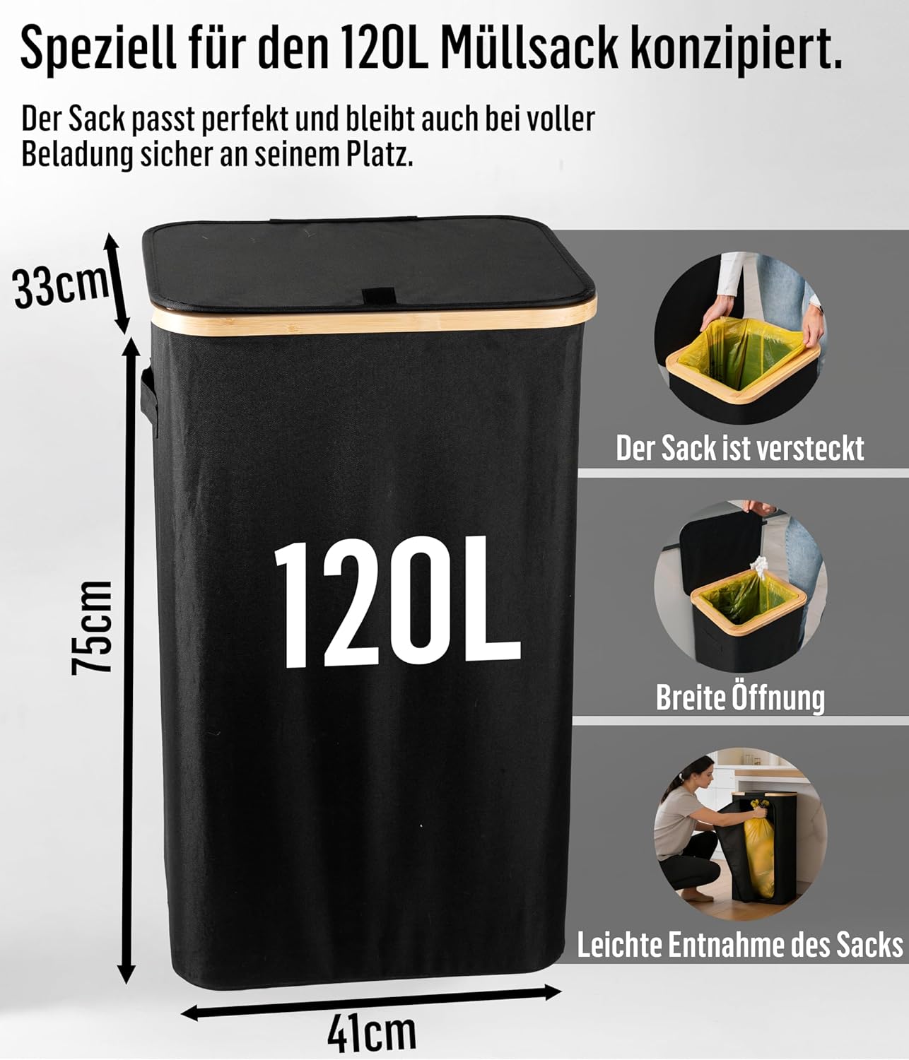 Müllsackständer mit Bambusrahmen, 120L - Schwarz