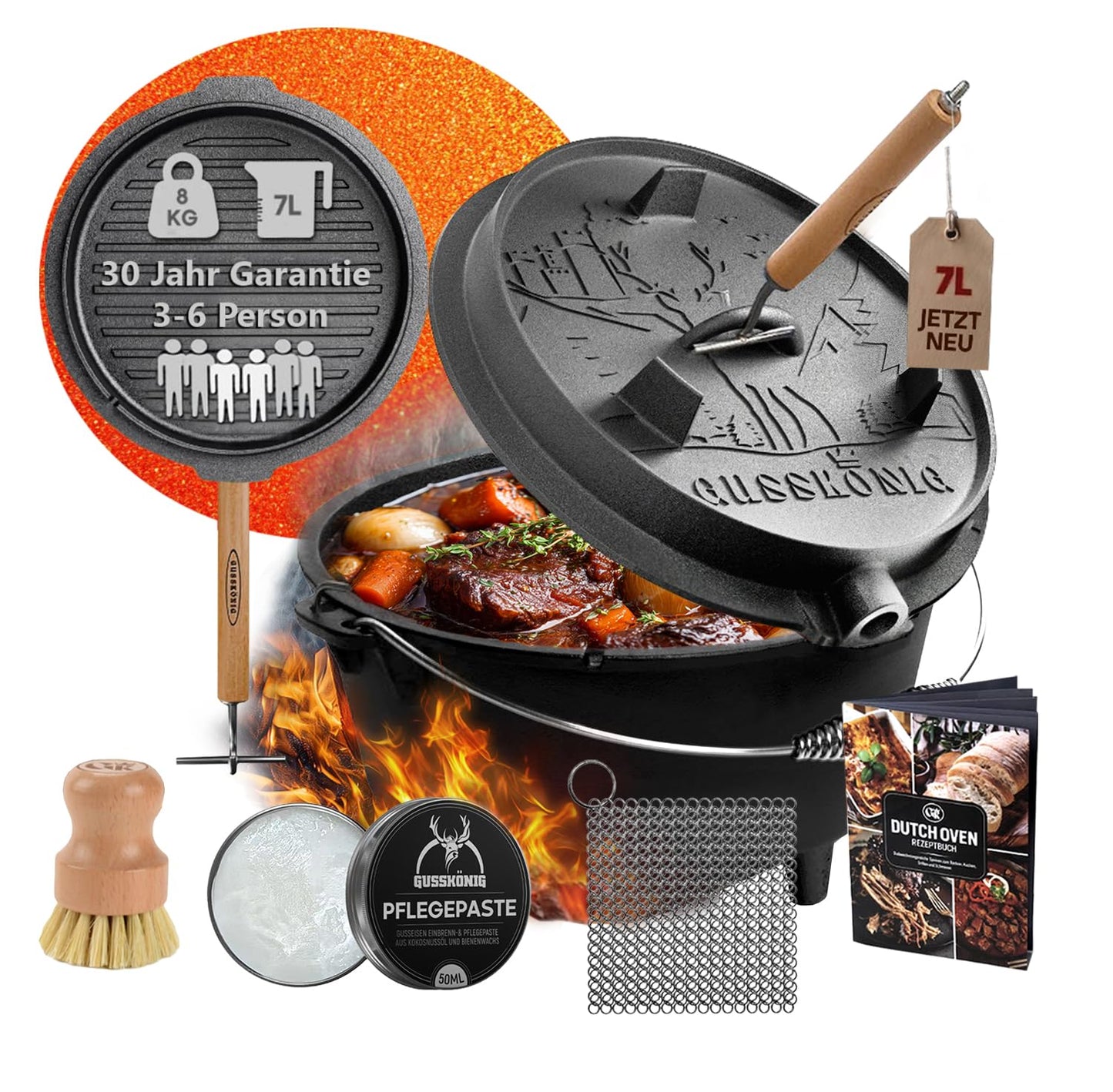 Dutch Oven Set mit Zubehör, Schwarz mit Füsse + Ringreiniger 7 Liter