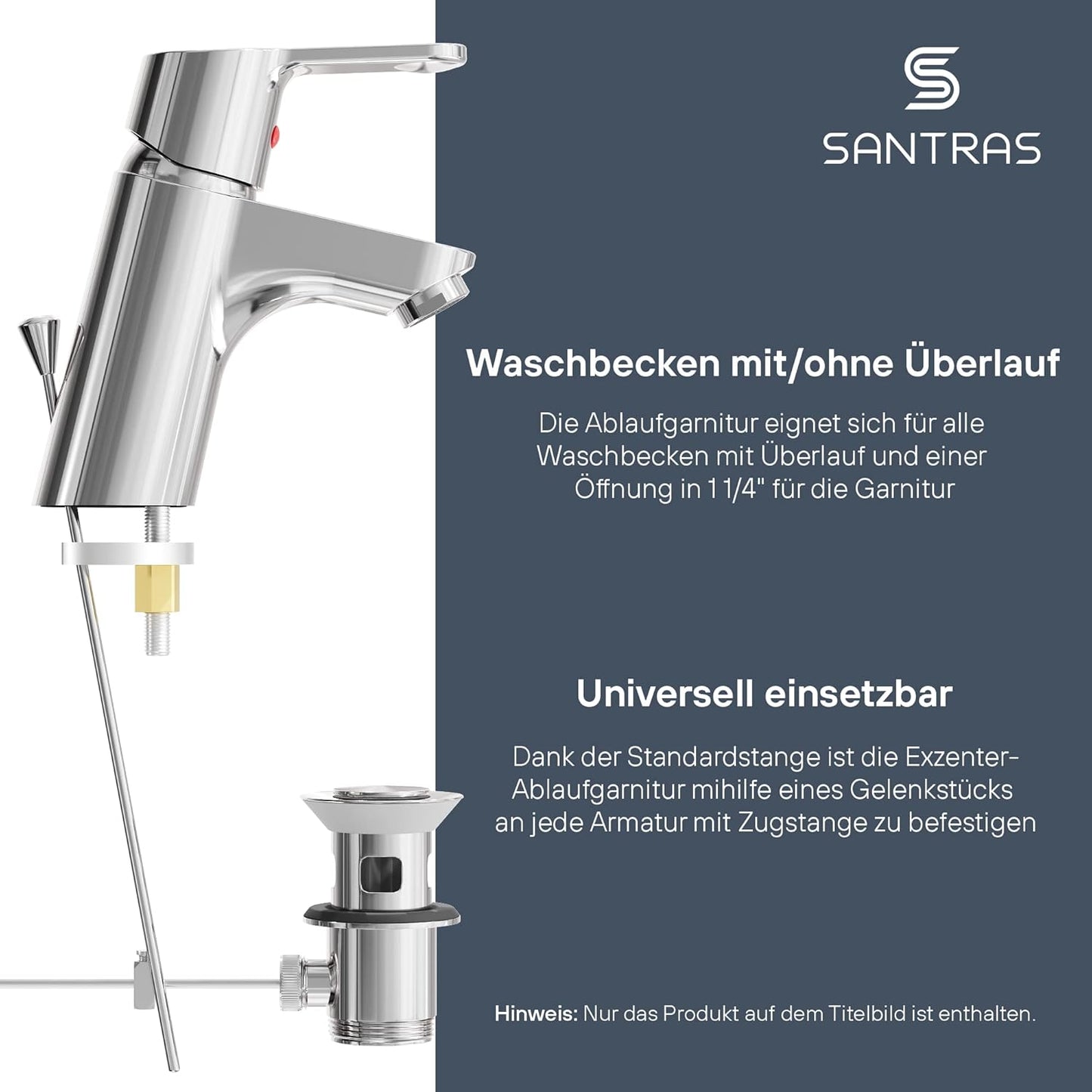Exzenter Ablaufgarnitur für Waschtisch mit Überlaufschutz und Ablauf Stöpsel, Ablaufgarnitur Chrom