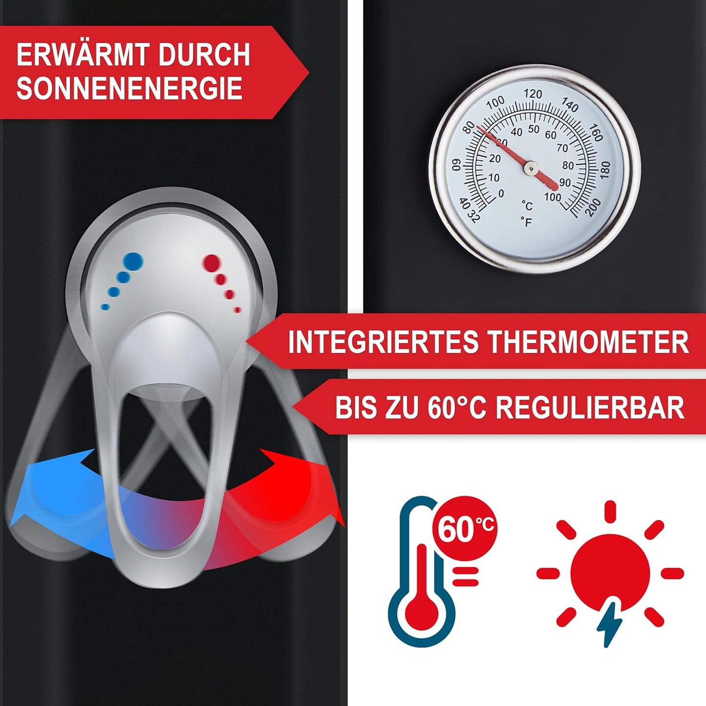 Solardusche Garten mit Thermometer & Wasserhahn 35L, Schwarz