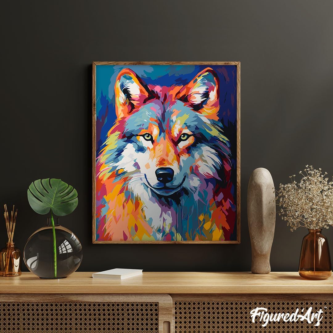 Malen nach Zahlen Set Wolf, Wolf Farbenfroh Abstrakt 40x50cm Mit Keilrahmen (nicht gespannt)