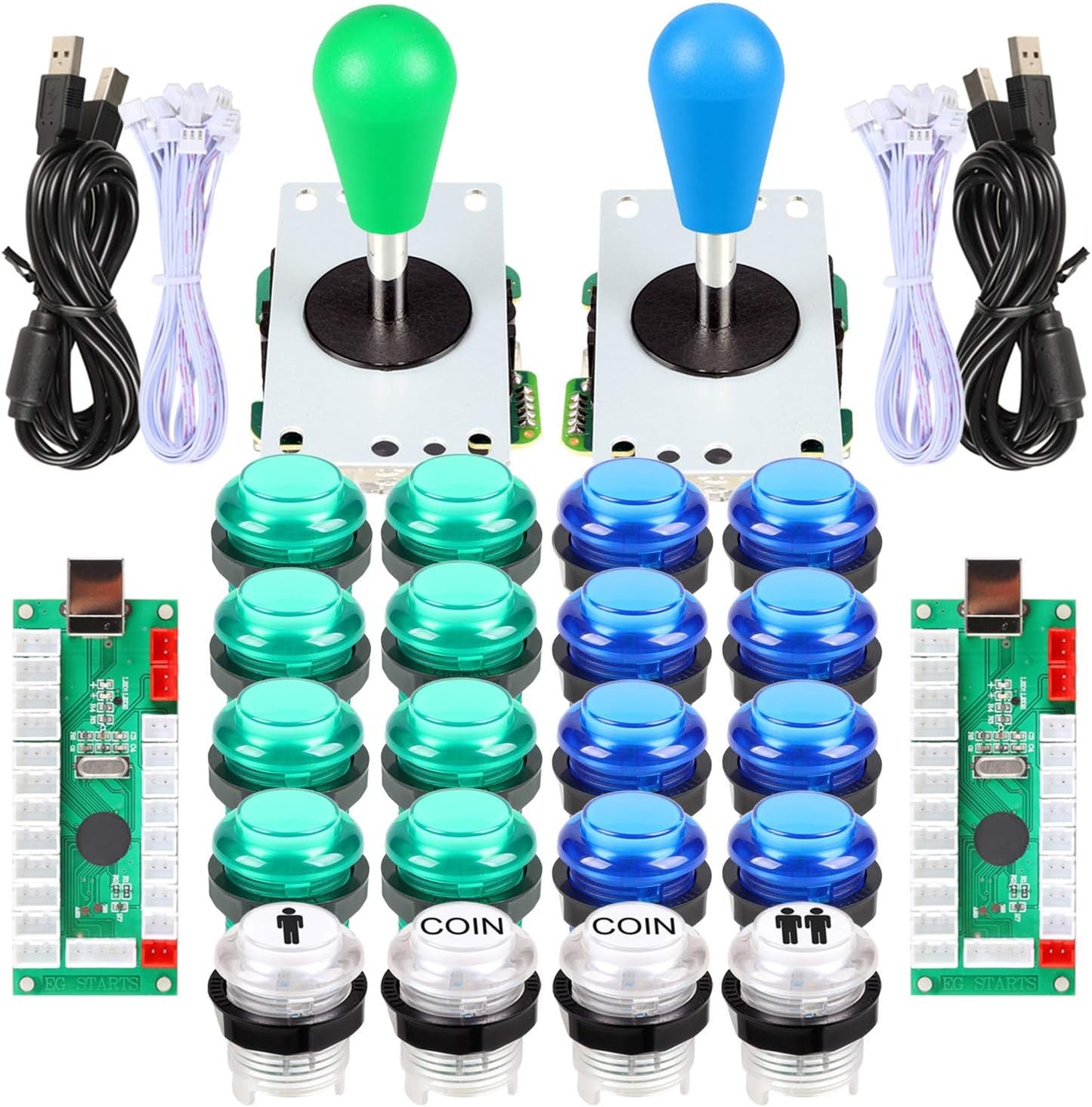 Arcade DIY Set mit LED Joysticks & Tasten (2 Spieler), Blaues & Grünes Kit