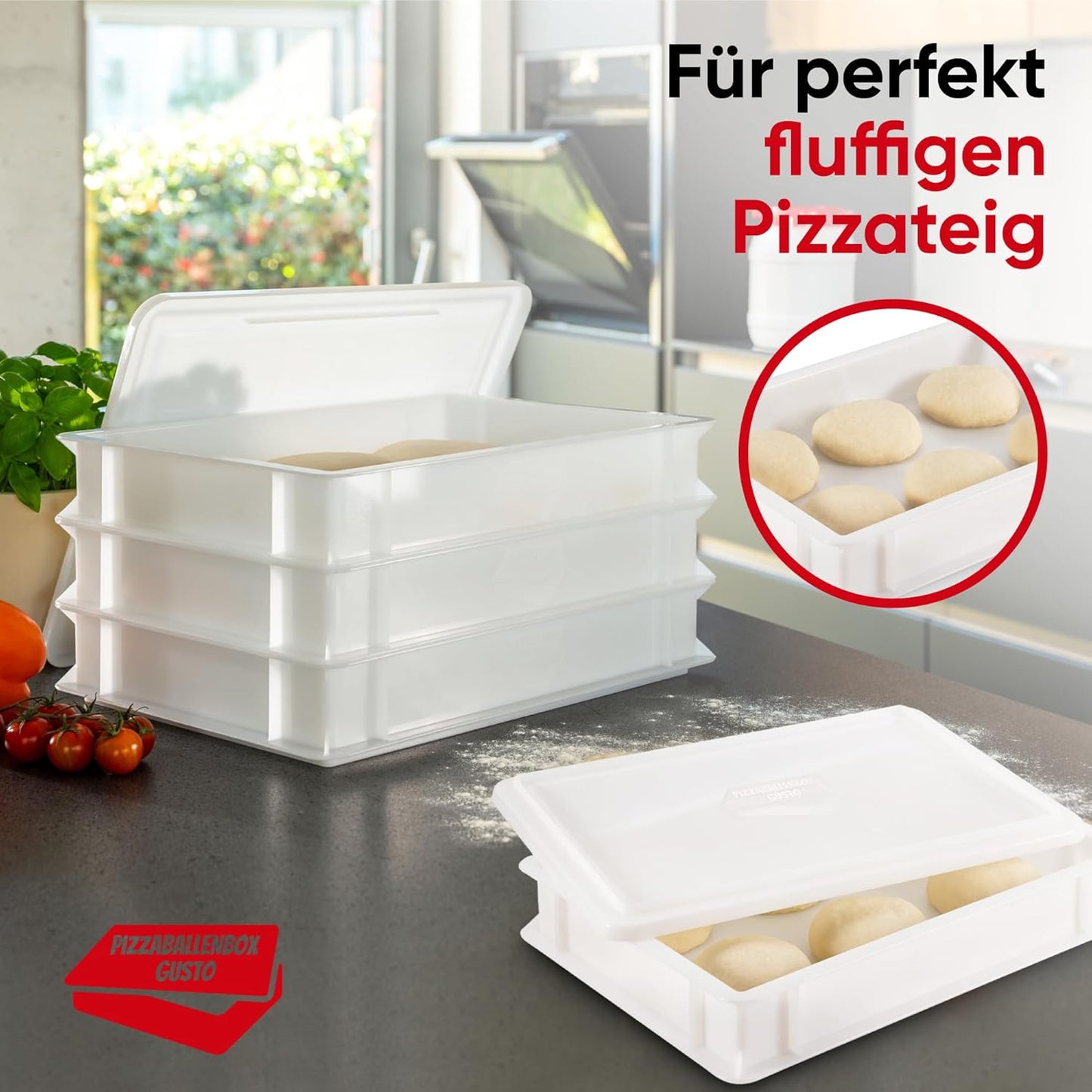 Pizzateigbehälter Gusto für 6 Ballen und Pizzaaufbewahrungsbox Avanti, 1x Gusto (+Deckel) + Avanti