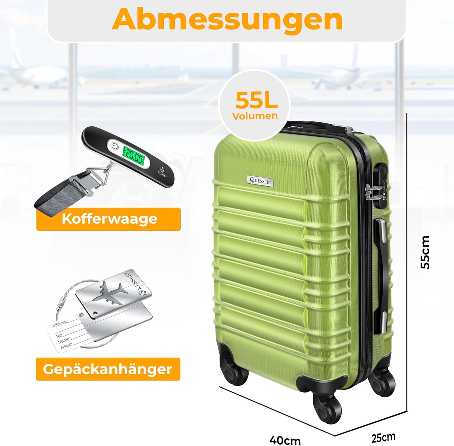 Handgepäck Trolley-Koffer 55L mit Zubehör, Handgepäck 55cm - 55L Hellgrün