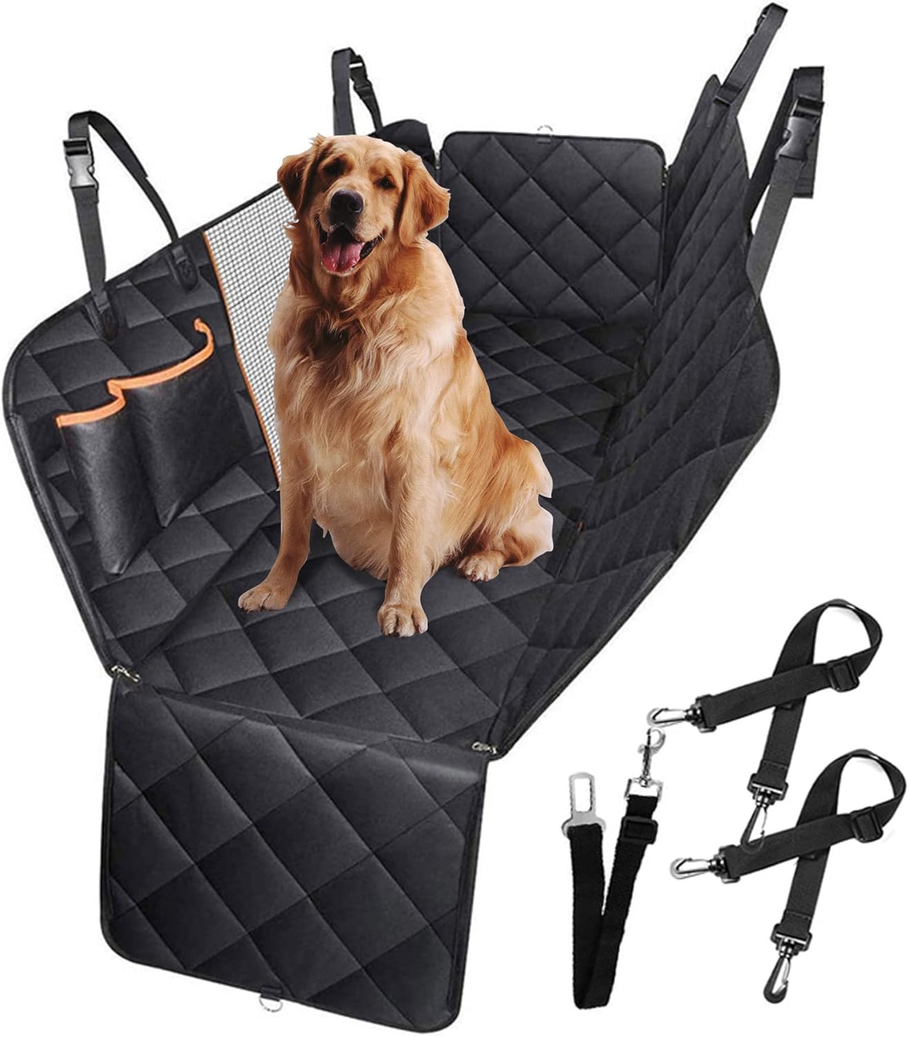 Autoschondecke für Hunde mit Seitenschutz, Hundedecke Auto Rückbank Schwarz-Orange-1