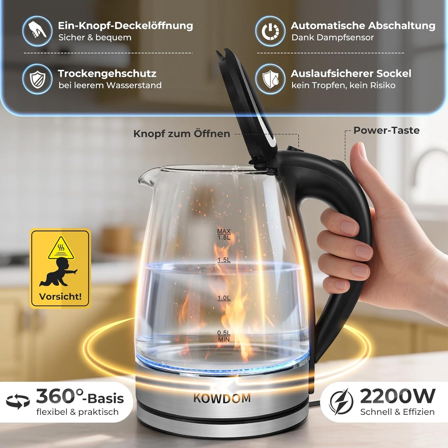 Glas-Wasserkocher 1,8L mit LED-Beleuchtung